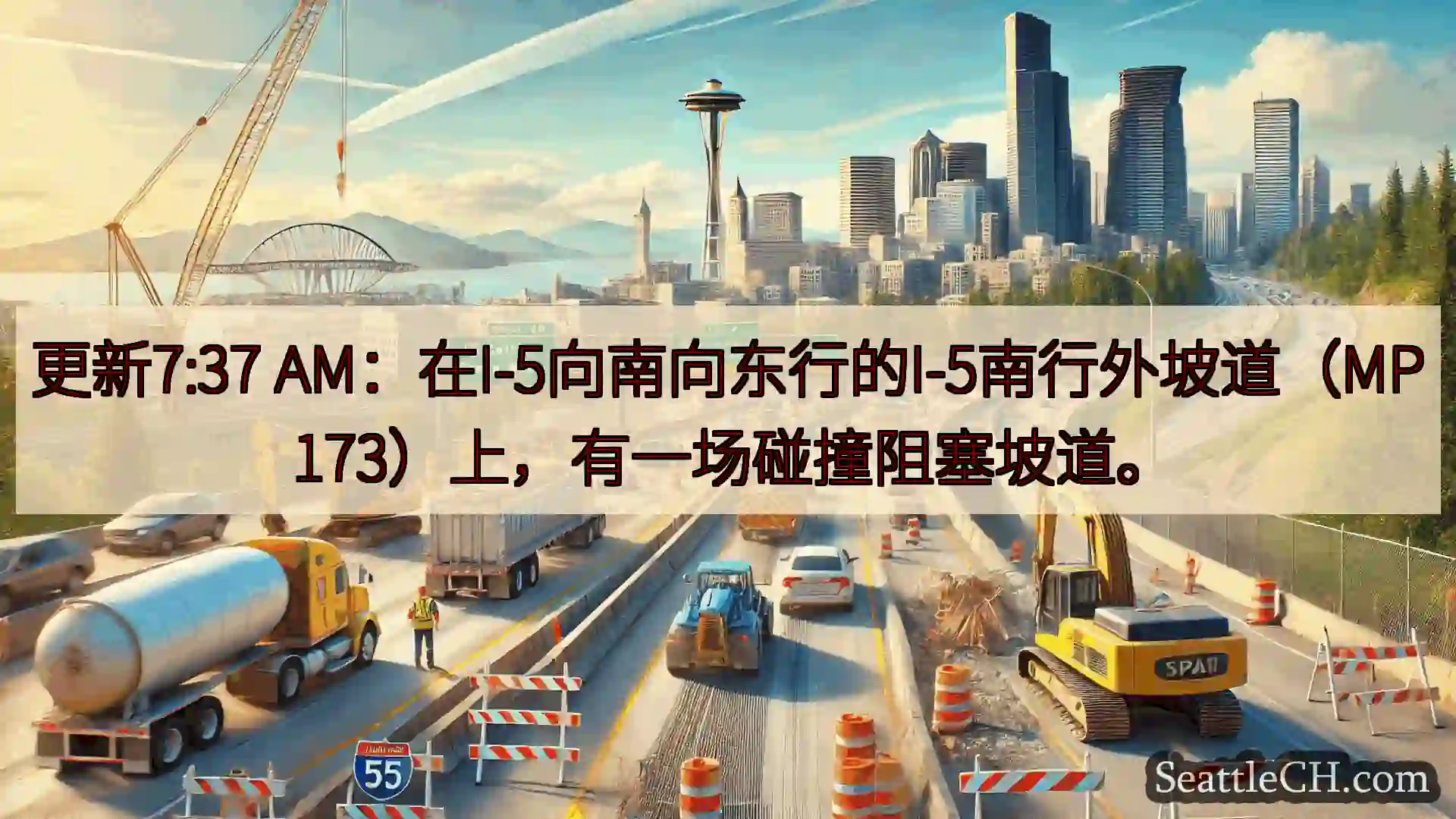 西雅图交通新闻 更新7:37 AM：在I-5向南向东行的I-5南行外坡道（MP