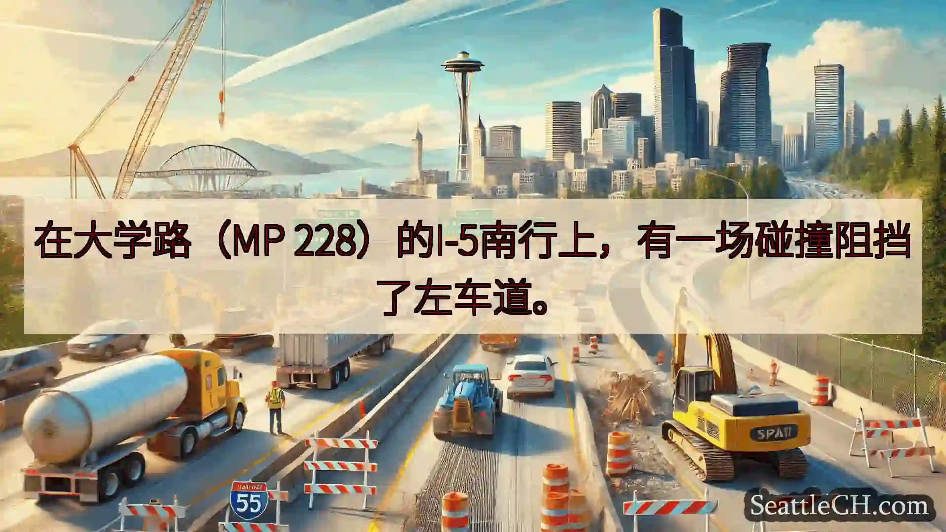 西雅图交通新闻 在大学路（MP 228）的I-5南行上，有一场碰撞阻挡了左车道。