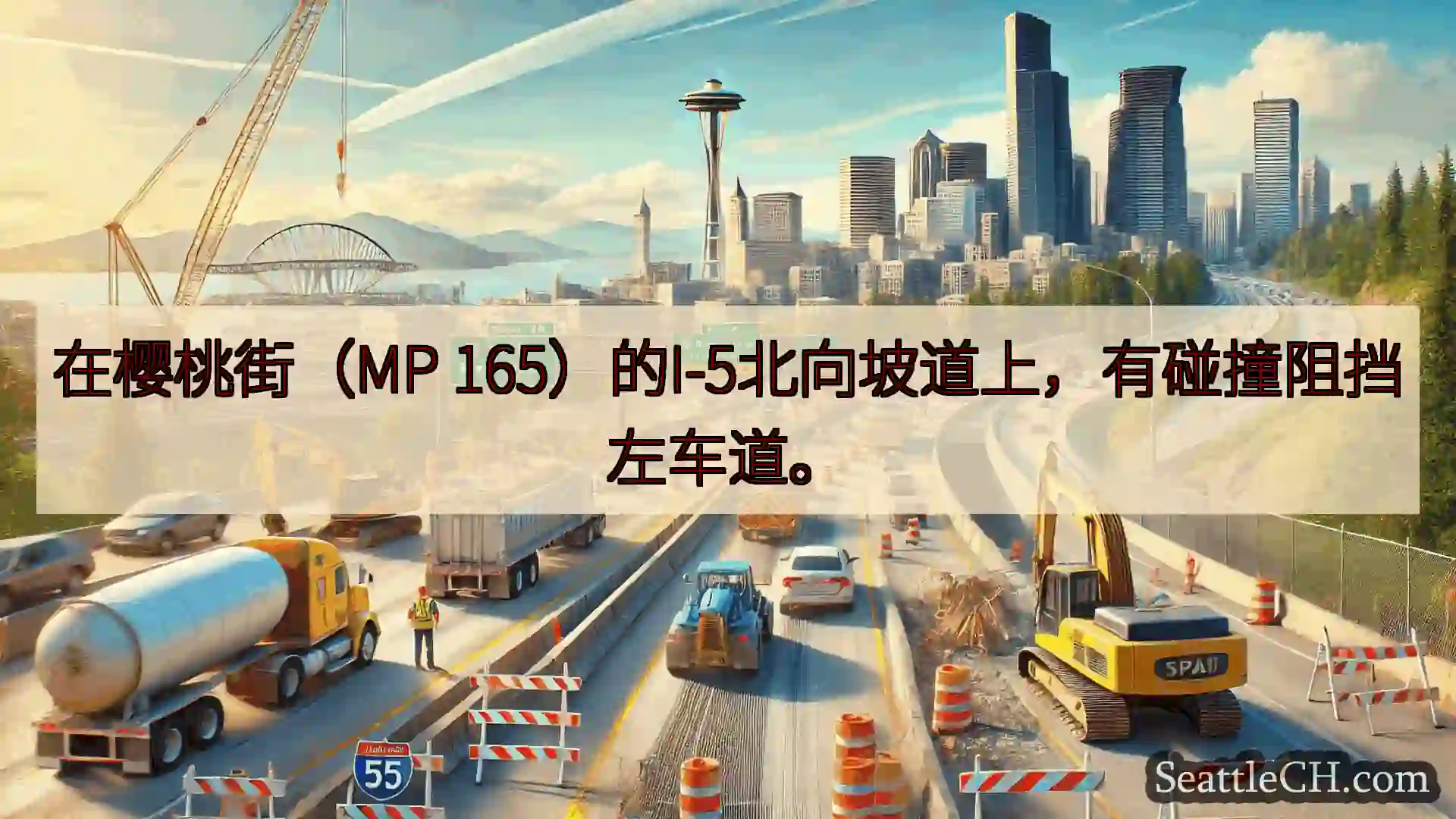 西雅图交通新闻 在樱桃街（MP 165）的I-5北向坡道上，有碰撞阻挡左车道。