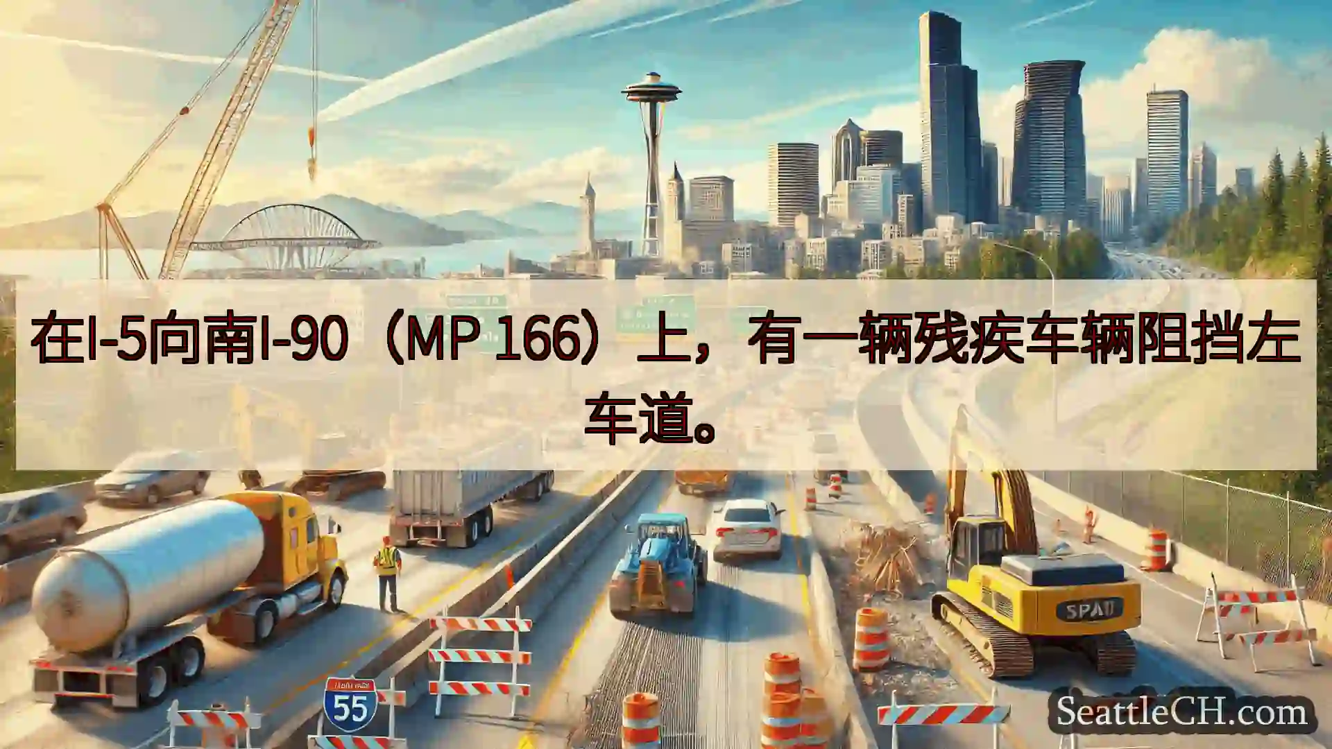 西雅图交通新闻 在I-5向南I-90（MP 166）上，有一辆残疾车辆阻挡左车道。