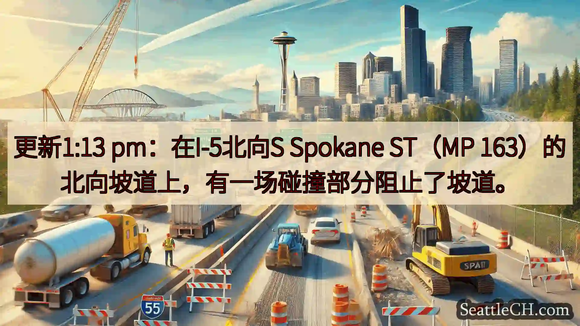 西雅图交通新闻 更新1:13 pm：在I-5北向S Spokane ST（MP