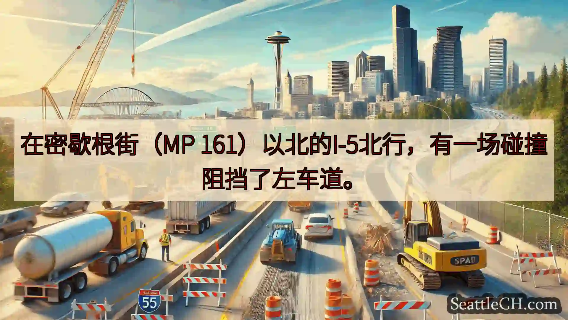 西雅图交通新闻 在密歇根街（MP 161）以北的I-5北行，有一场碰撞阻挡了左车道。