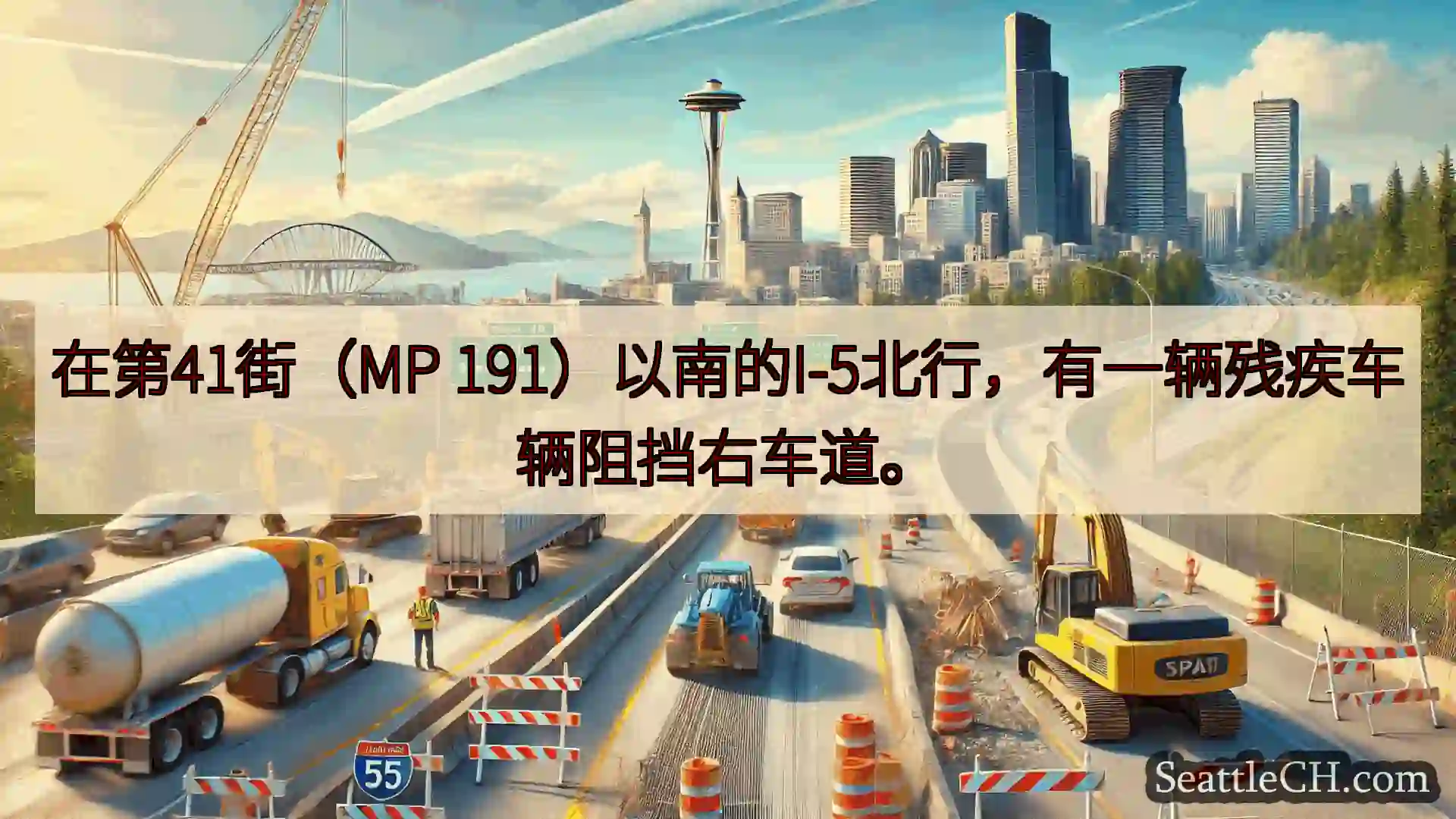 西雅图交通新闻 在第41街（MP 191）以南的I-5北行，有一辆残疾车辆阻挡右车道。