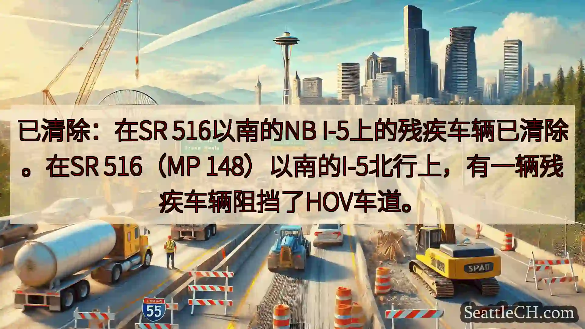 西雅图交通新闻 已清除：在SR 516以南的NB I-5上的残疾车辆已清除。在SR