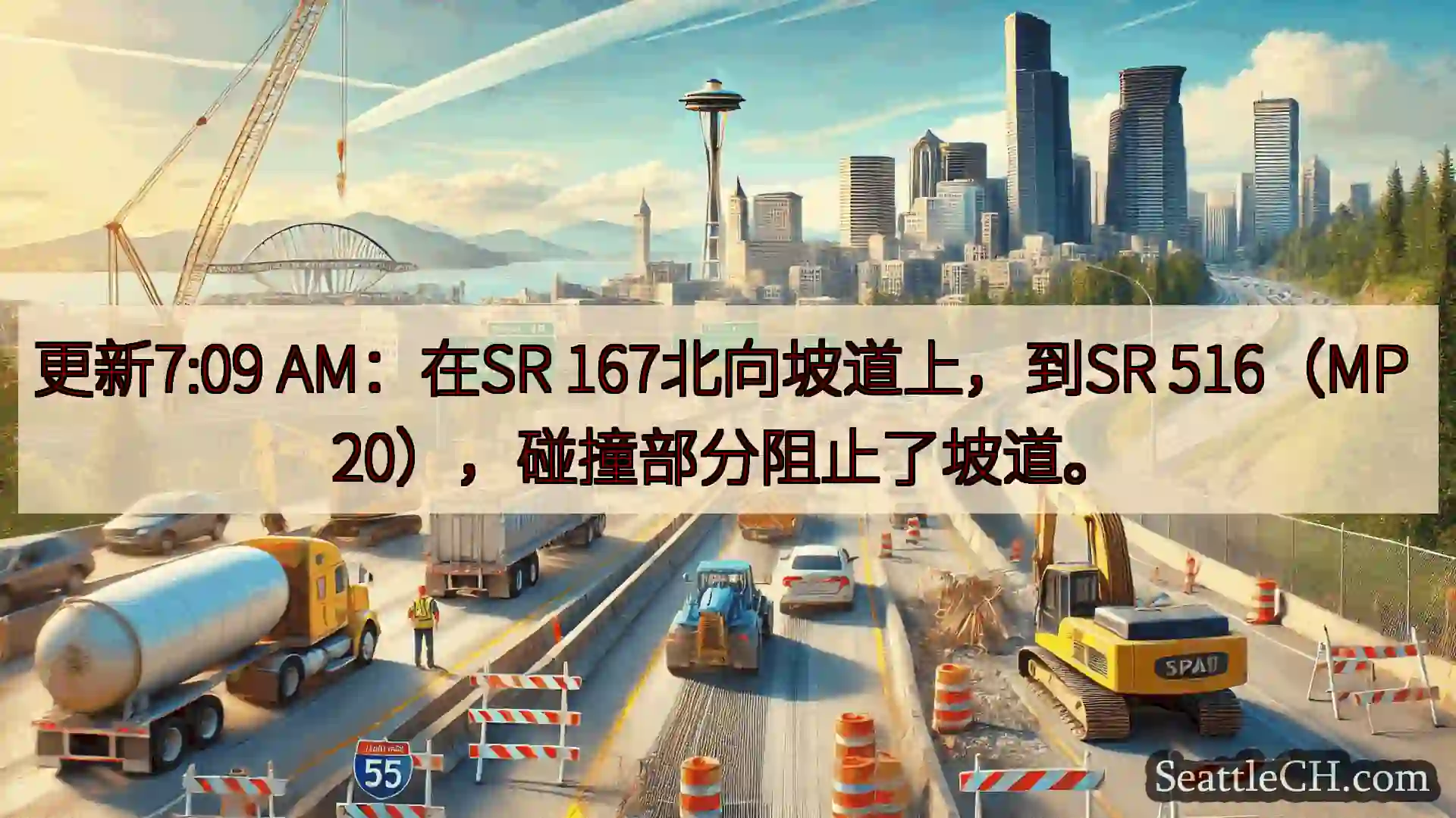 西雅图交通新闻 更新7:09 AM：在SR 167北向坡道上，到SR 516（MP