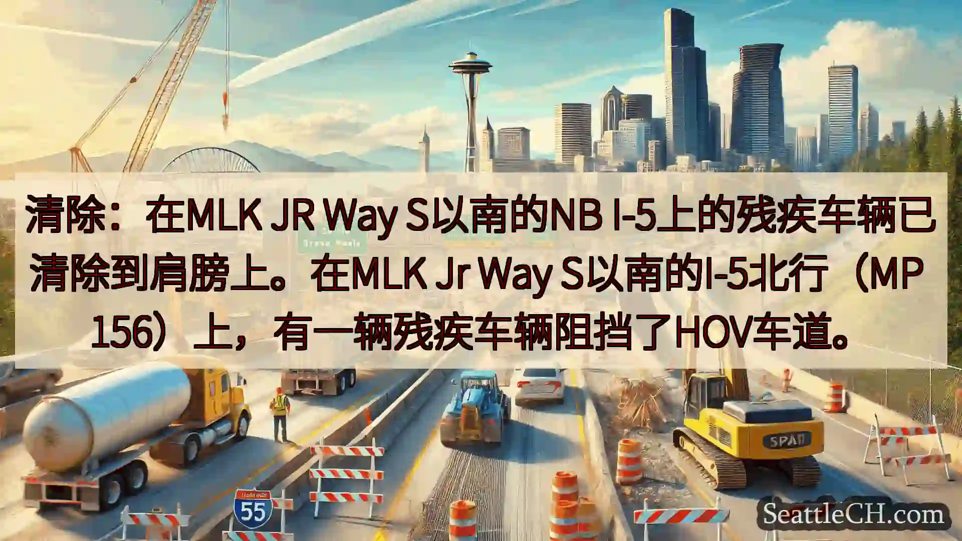 清除：在MLK JR Way S以南的NB I-5上的残疾车辆已清除到肩膀上。在MLK Jr