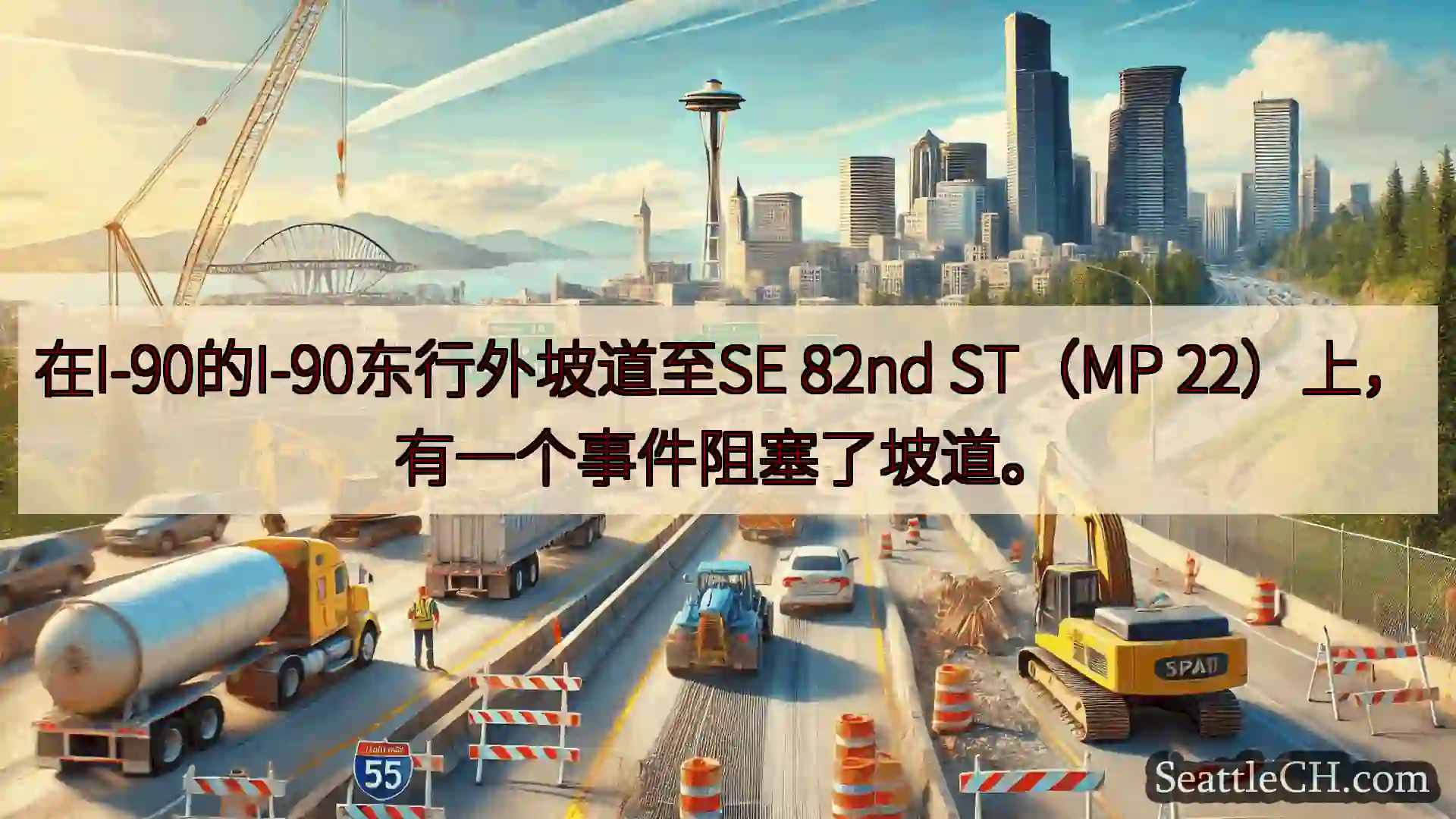 在I-90的I-90东行外坡道至SE 82nd ST（MP 22）上，有一个事件阻塞了坡道。