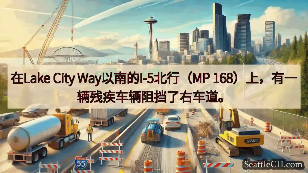 在Lake City Way以南的I-5北行（MP 168）上，有一辆残疾车辆阻挡了右车道。