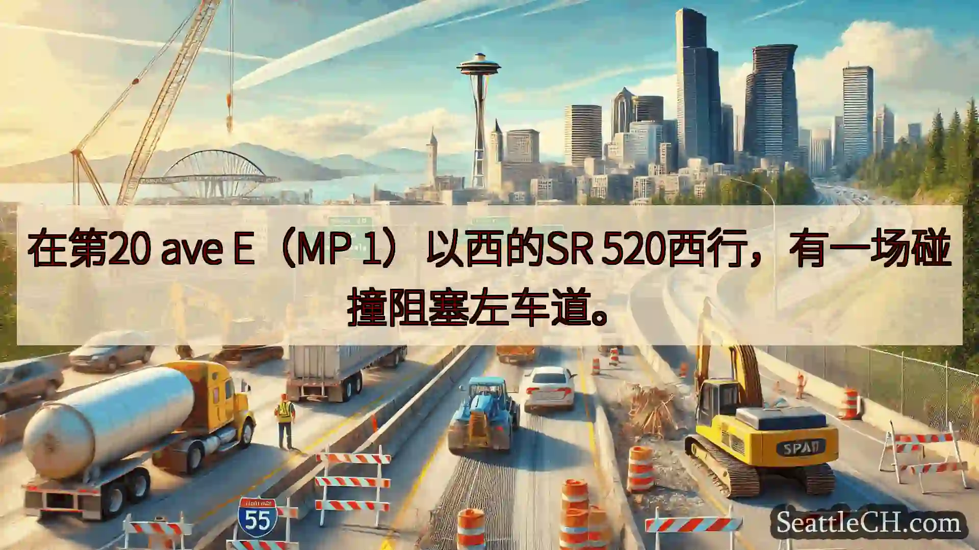 在第20 ave E（MP 1）以西的SR 520西行，有一场碰撞阻塞左车道。