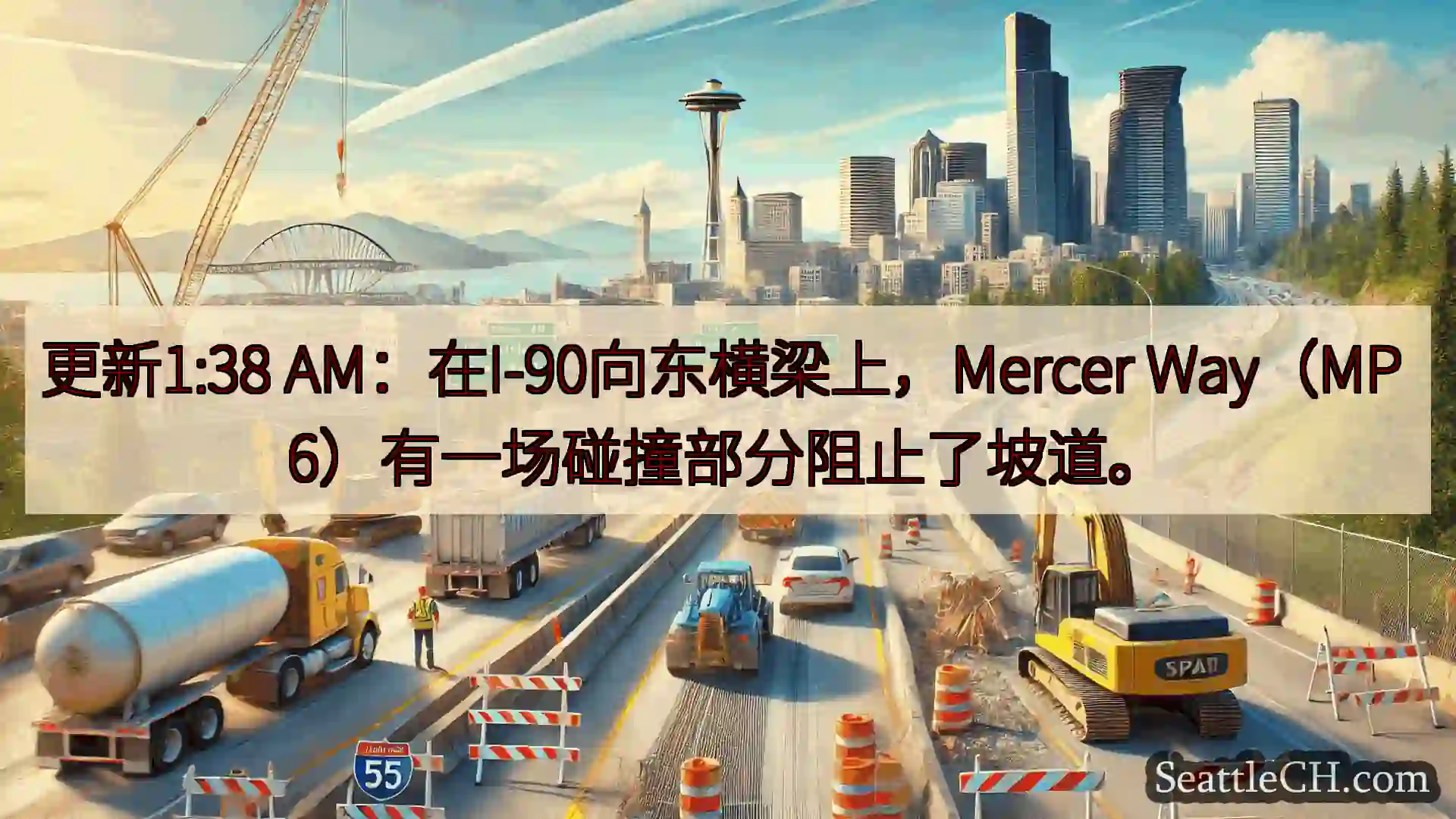 更新1:38 AM：在I-90向东横梁上，Mercer Way（MP 6）有一场碰撞部分阻止了坡道。