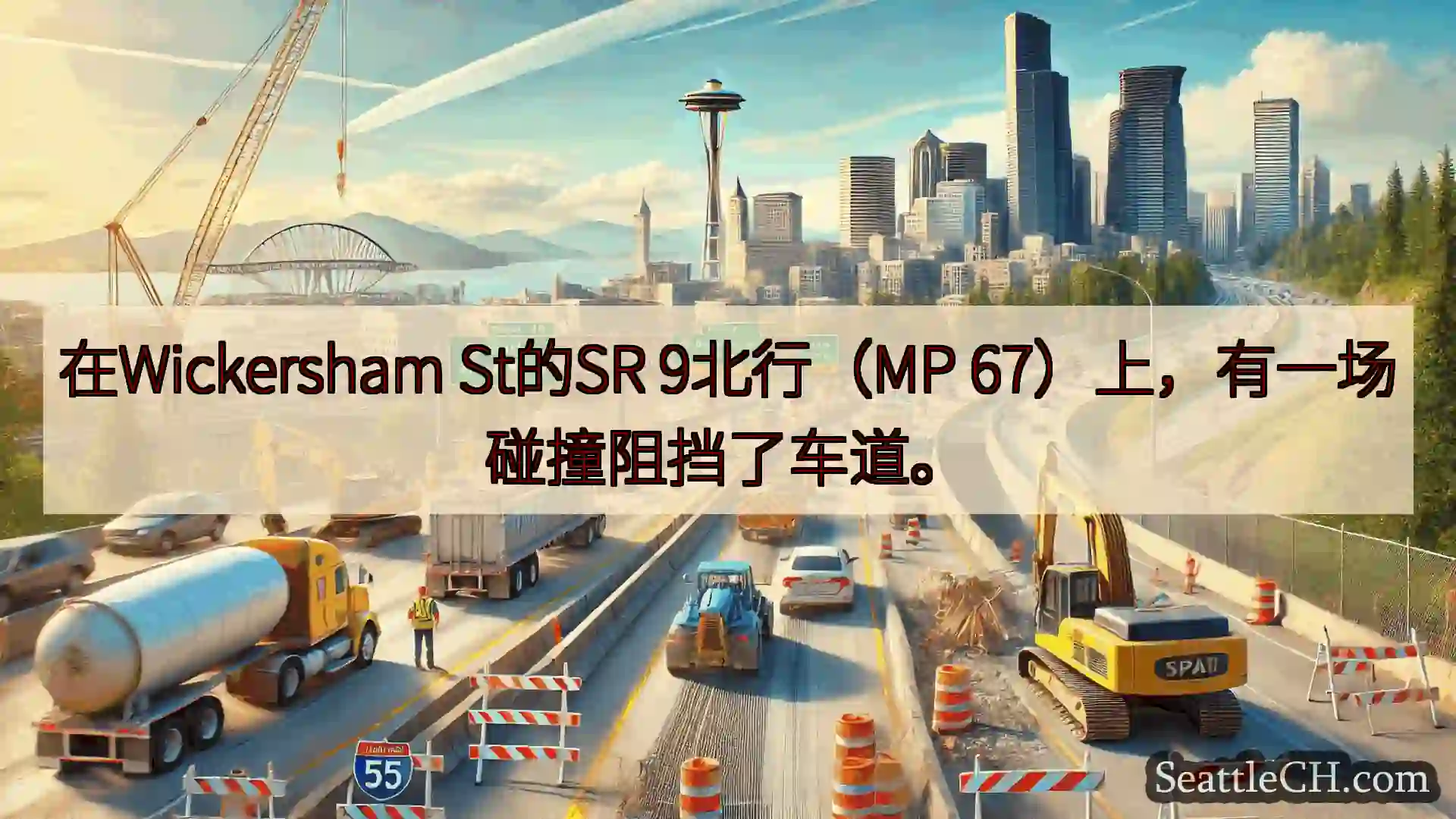 在Wickersham St的SR 9北行（MP 67）上，有一场碰撞阻挡了车道。