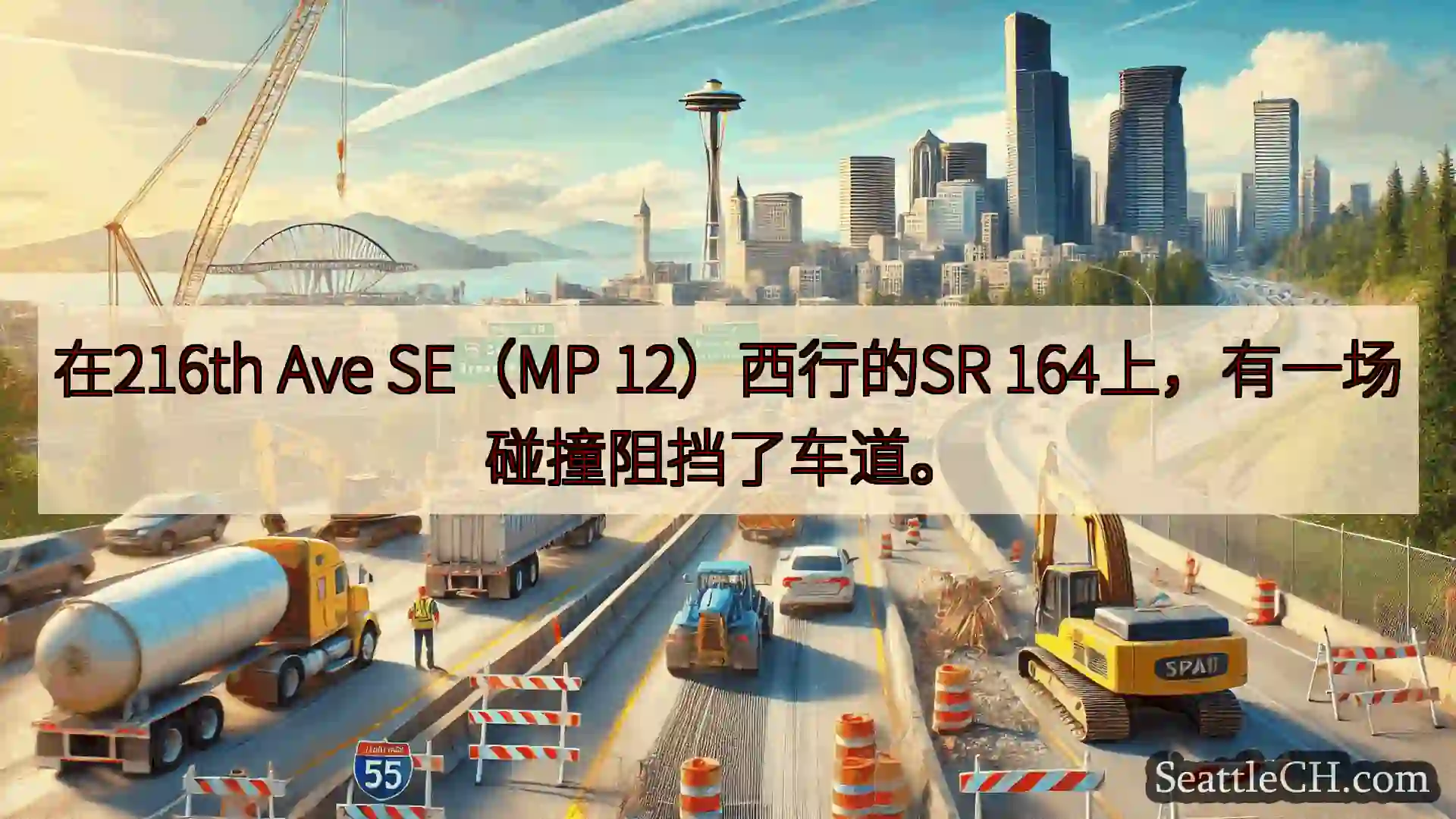 在216th Ave SE（MP 12）西行的SR 164上，有一场碰撞阻挡了车道。