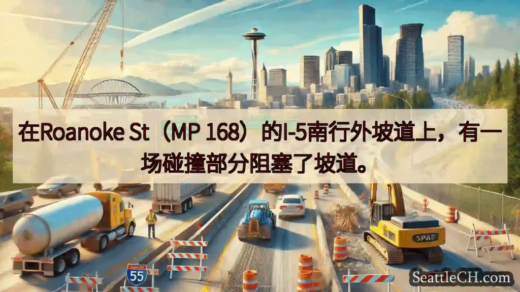 在Roanoke St（MP 168）的I-5南行外坡道上，有一场碰撞部分阻塞了坡道。