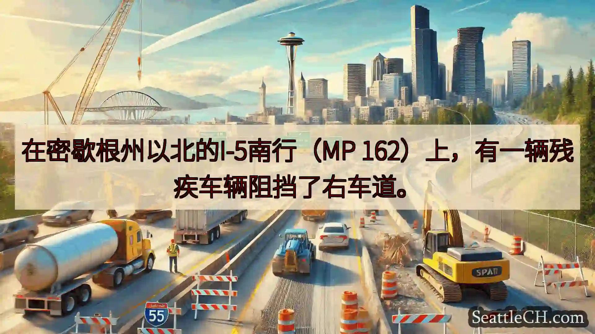 在密歇根州以北的I-5南行（MP 162）上，有一辆残疾车辆阻挡了右车道。