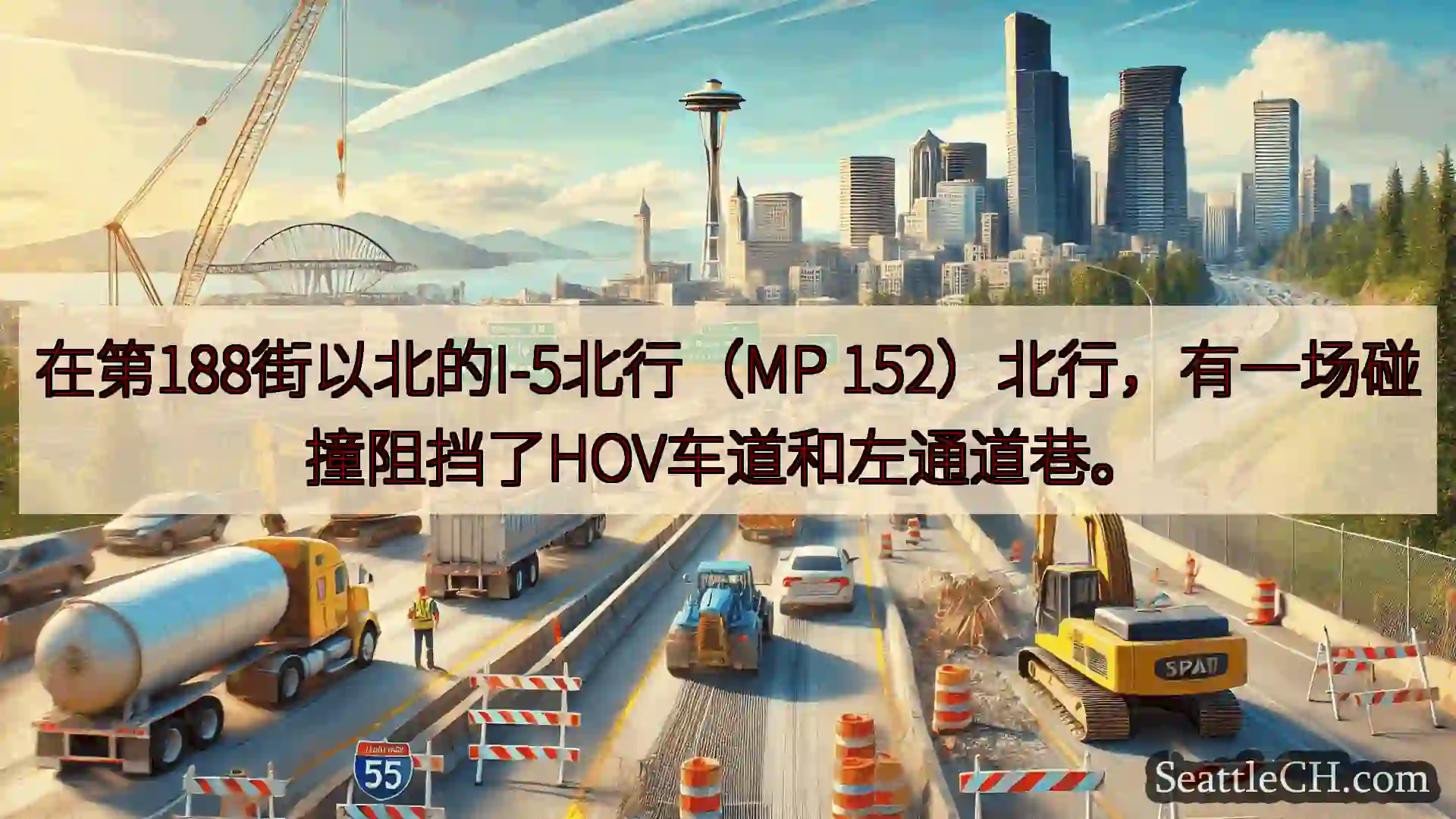 在第188街以北的I-5北行（MP 152）北行，有一场碰撞阻挡了HOV车道和左通道巷。
