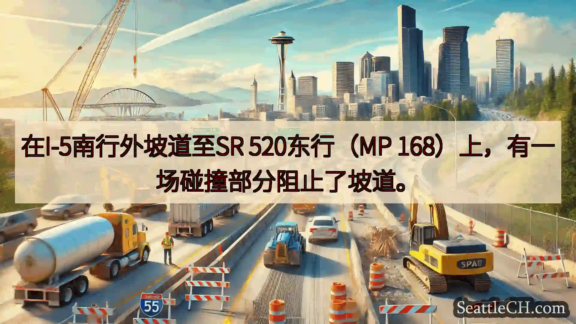 在I-5南行外坡道至SR 520东行（MP 168）上，有一场碰撞部分阻止了坡道。