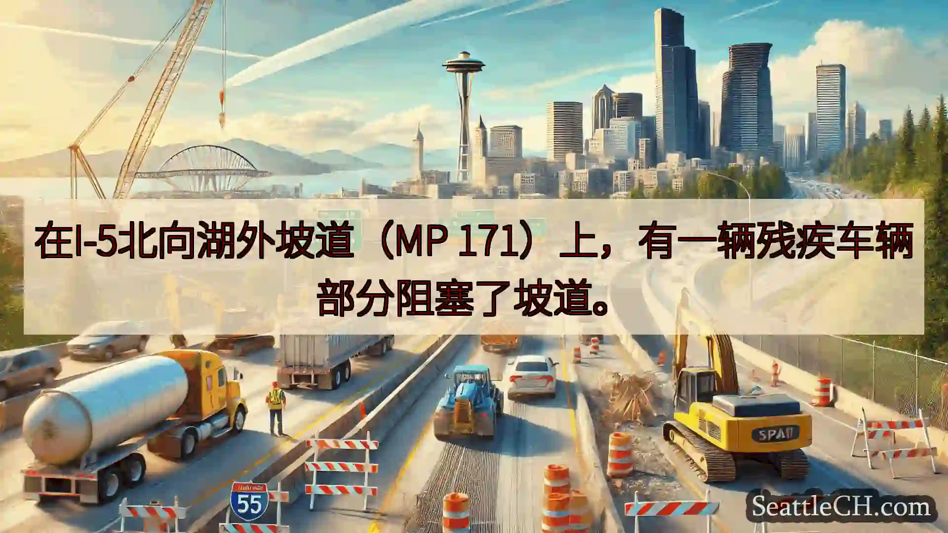 在I-5北向湖外坡道（MP 171）上，有一辆残疾车辆部分阻塞了坡道。