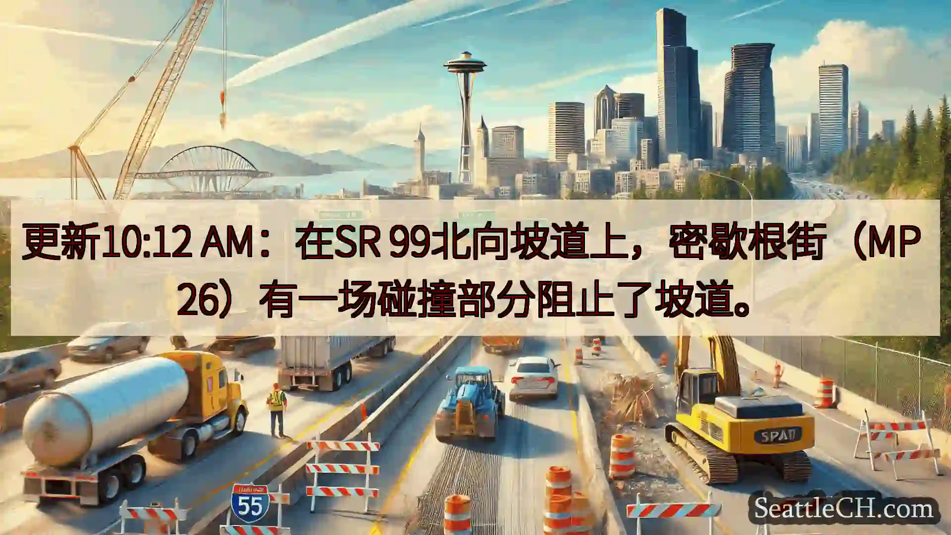 更新10:12 AM：在SR 99北向坡道上，密歇根街（MP 26）有一场碰撞部分阻止了坡道。
