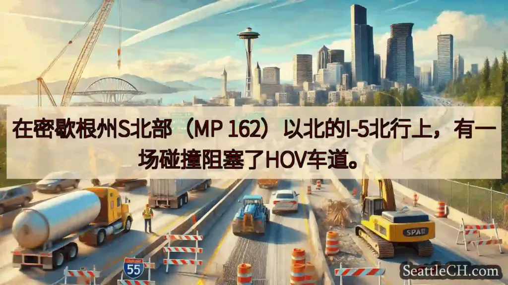 在密歇根州S北部（MP 162）以北的I-5北行上，有一场碰撞阻塞了HOV车道。