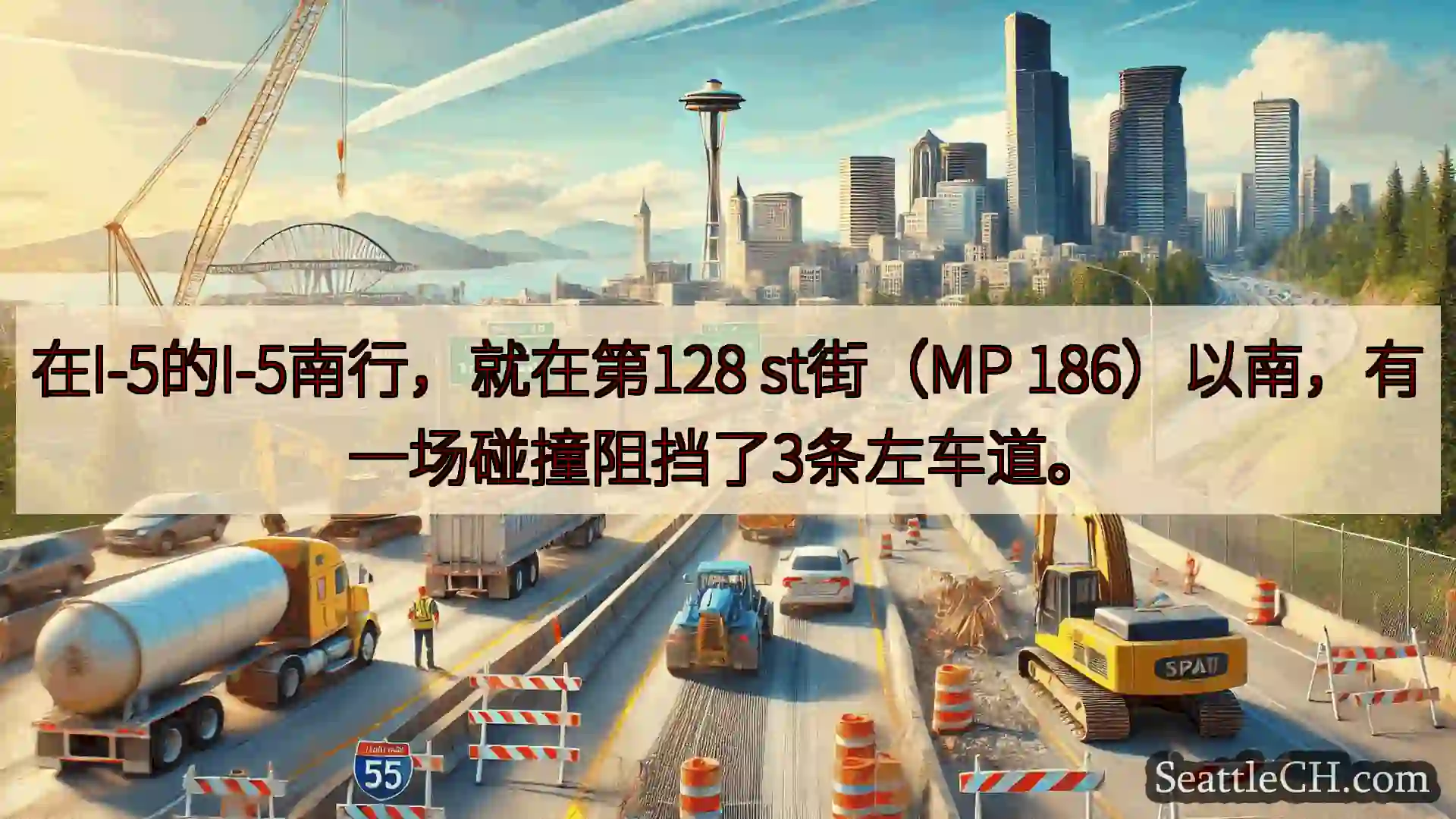 在I-5的I-5南行，就在第128 st街（MP 186）以南，有一场碰撞阻挡了3条左车道。