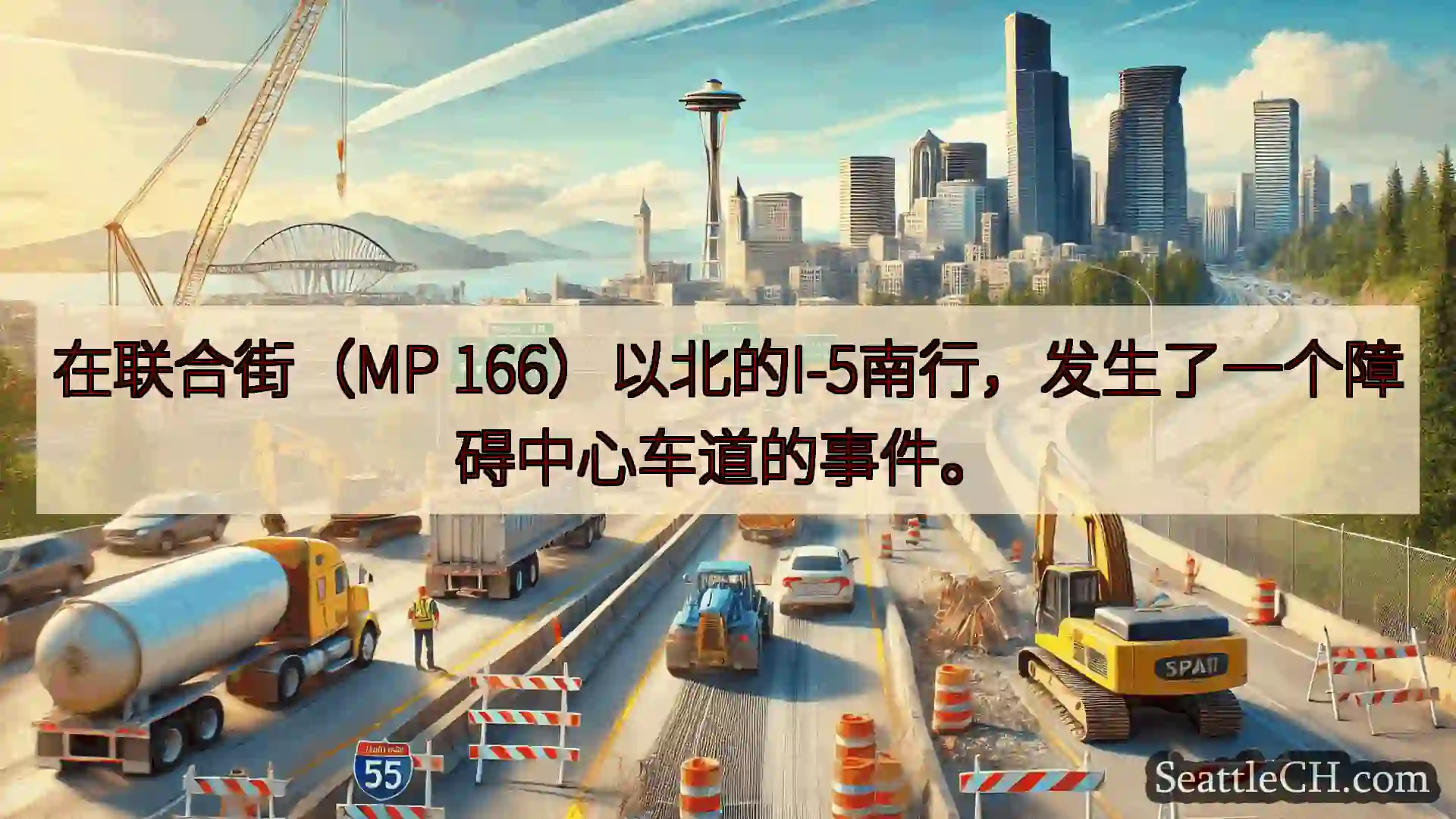在联合街（MP 166）以北的I-5南行，发生了一个障碍中心车道的事件。