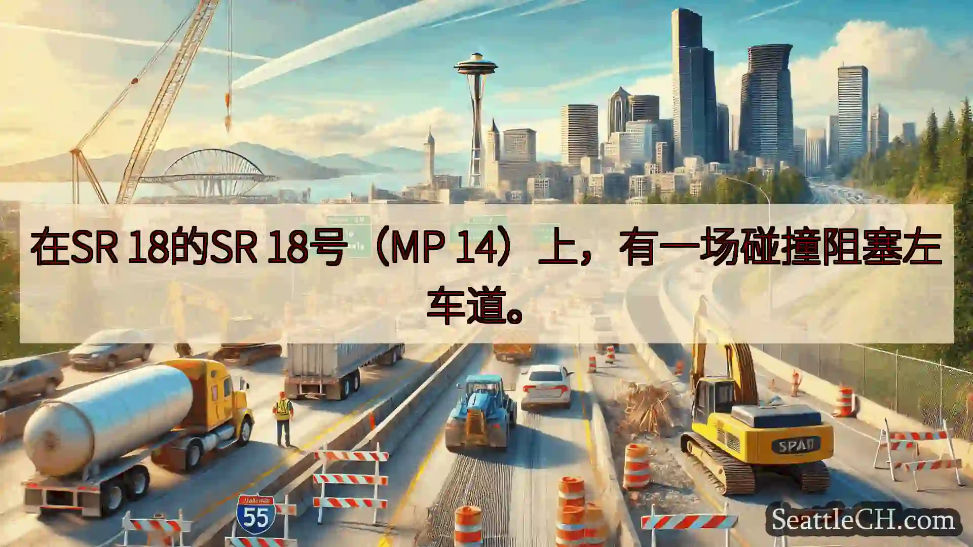 在SR 18的SR 18号（MP 14）上，有一场碰撞阻塞左车道。