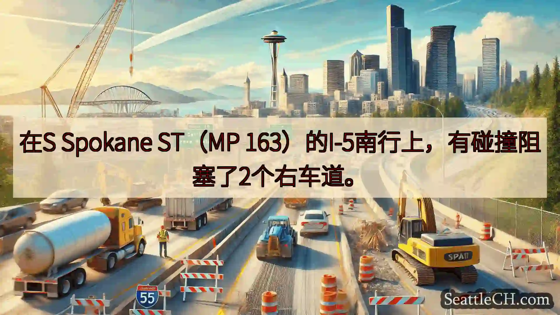 在S Spokane ST（MP 163）的I-5南行上，有碰撞阻塞了2个右车道。