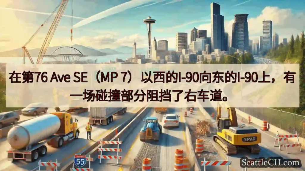 在第76 Ave SE（MP 7）以西的I-90向东的I-90上，有一场碰撞部分阻挡了右车道。