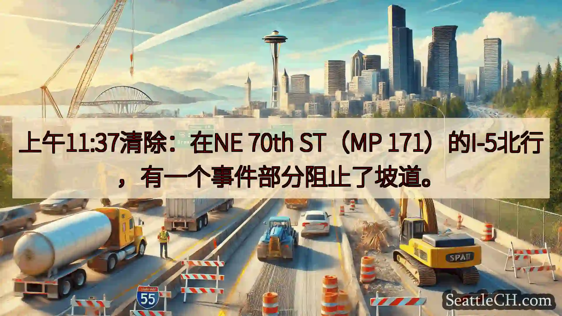 上午11:37清除：在NE 70th ST（MP 171）的I-5北行，有一个事件部分阻止了坡道。