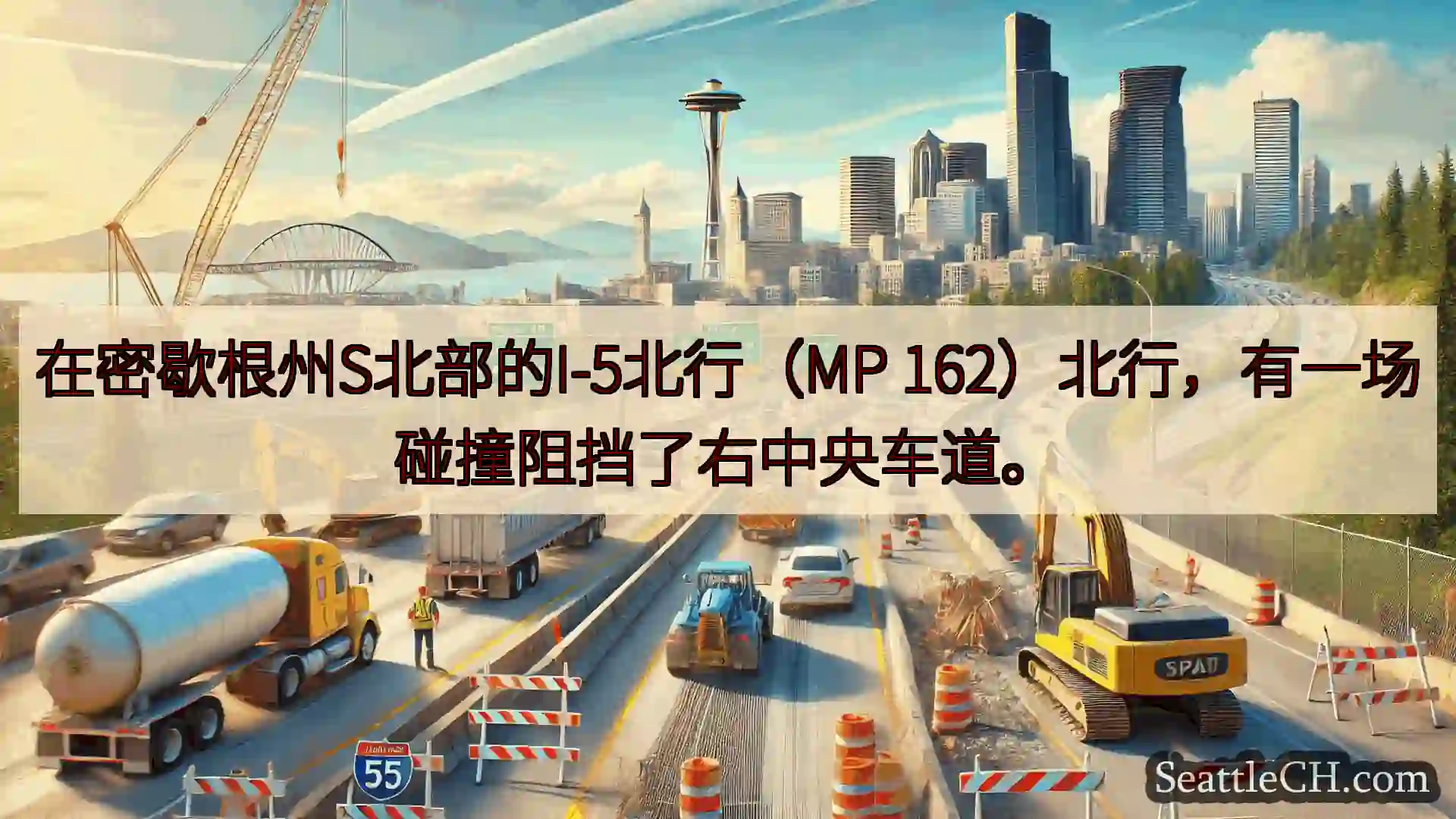在密歇根州S北部的I-5北行（MP 162）北行，有一场碰撞阻挡了右中央车道。