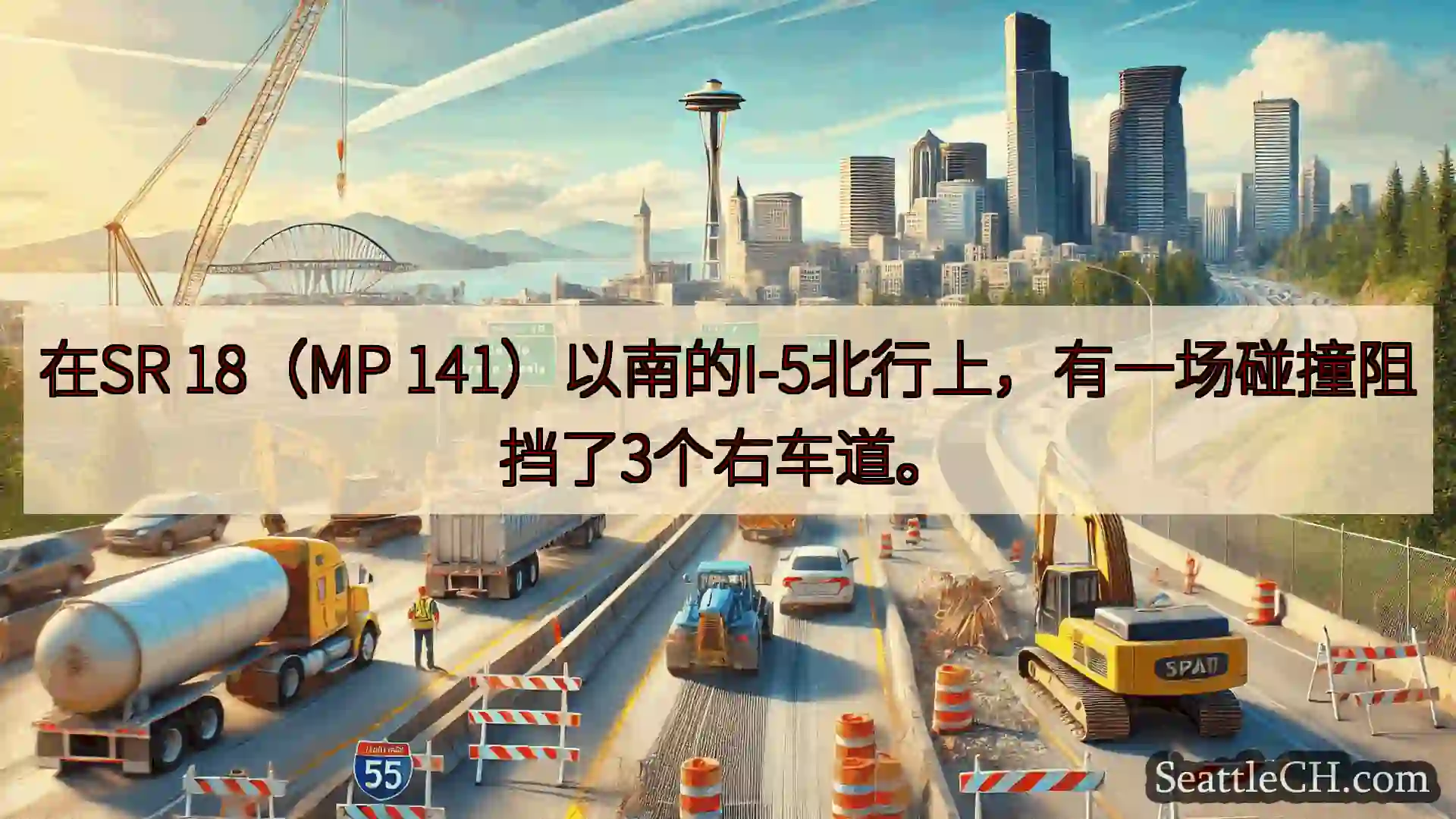 在SR 18（MP 141）以南的I-5北行上，有一场碰撞阻挡了3个右车道。