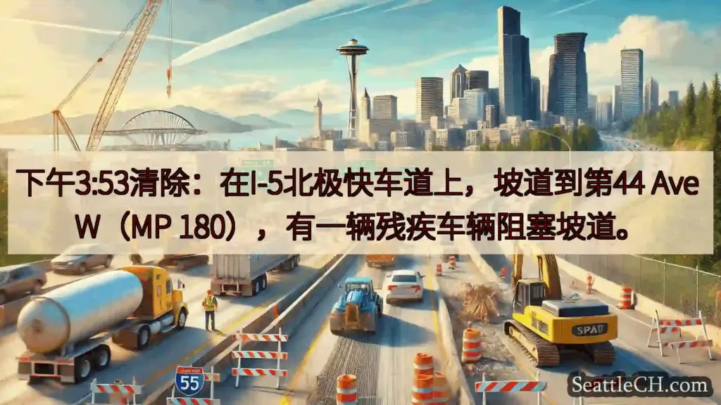 下午3:53清除：在I-5北极快车道上，坡道到第44 Ave W（MP