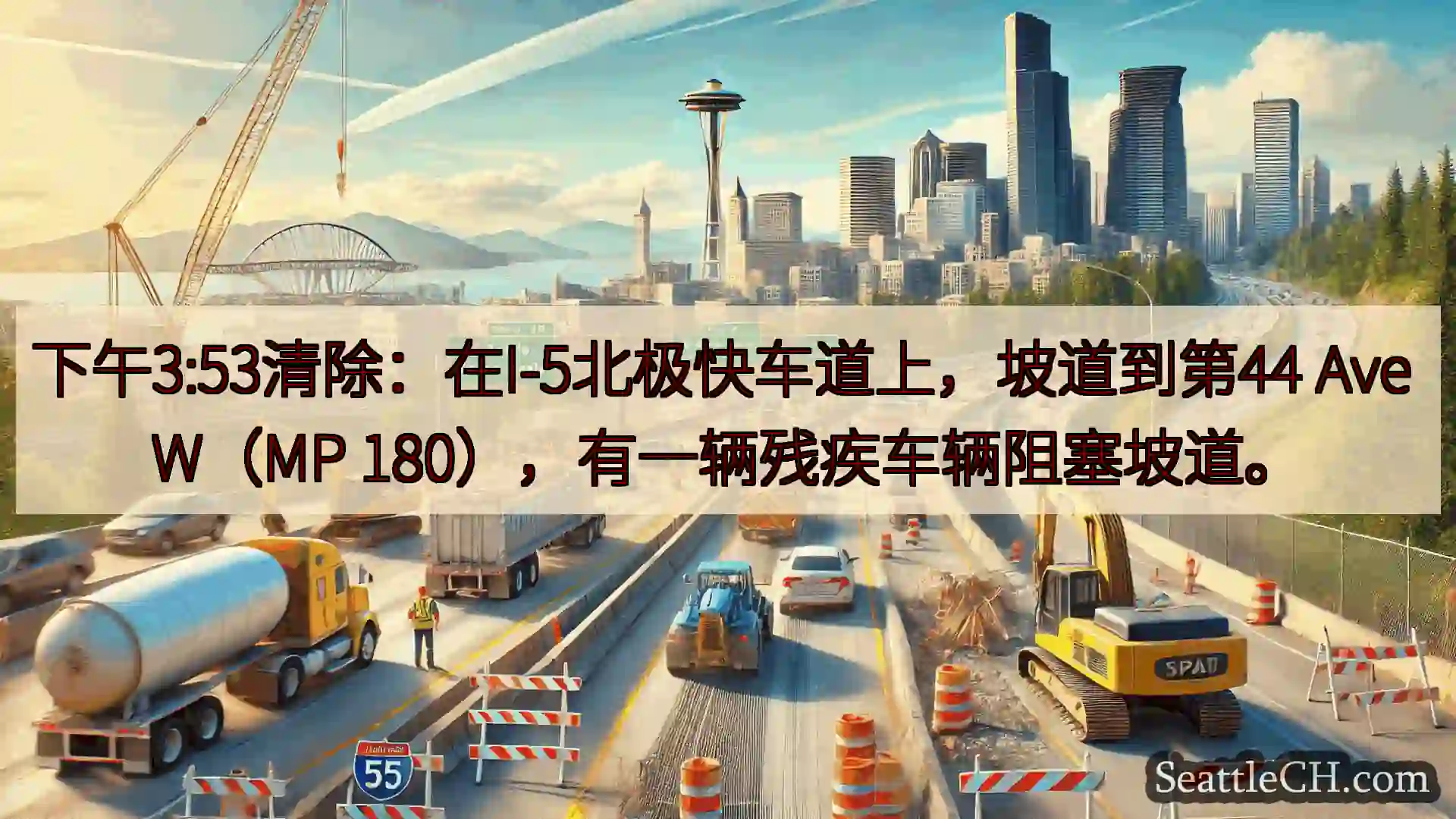 下午3:53清除：在I-5北极快车道上，坡道到第44 Ave W（MP