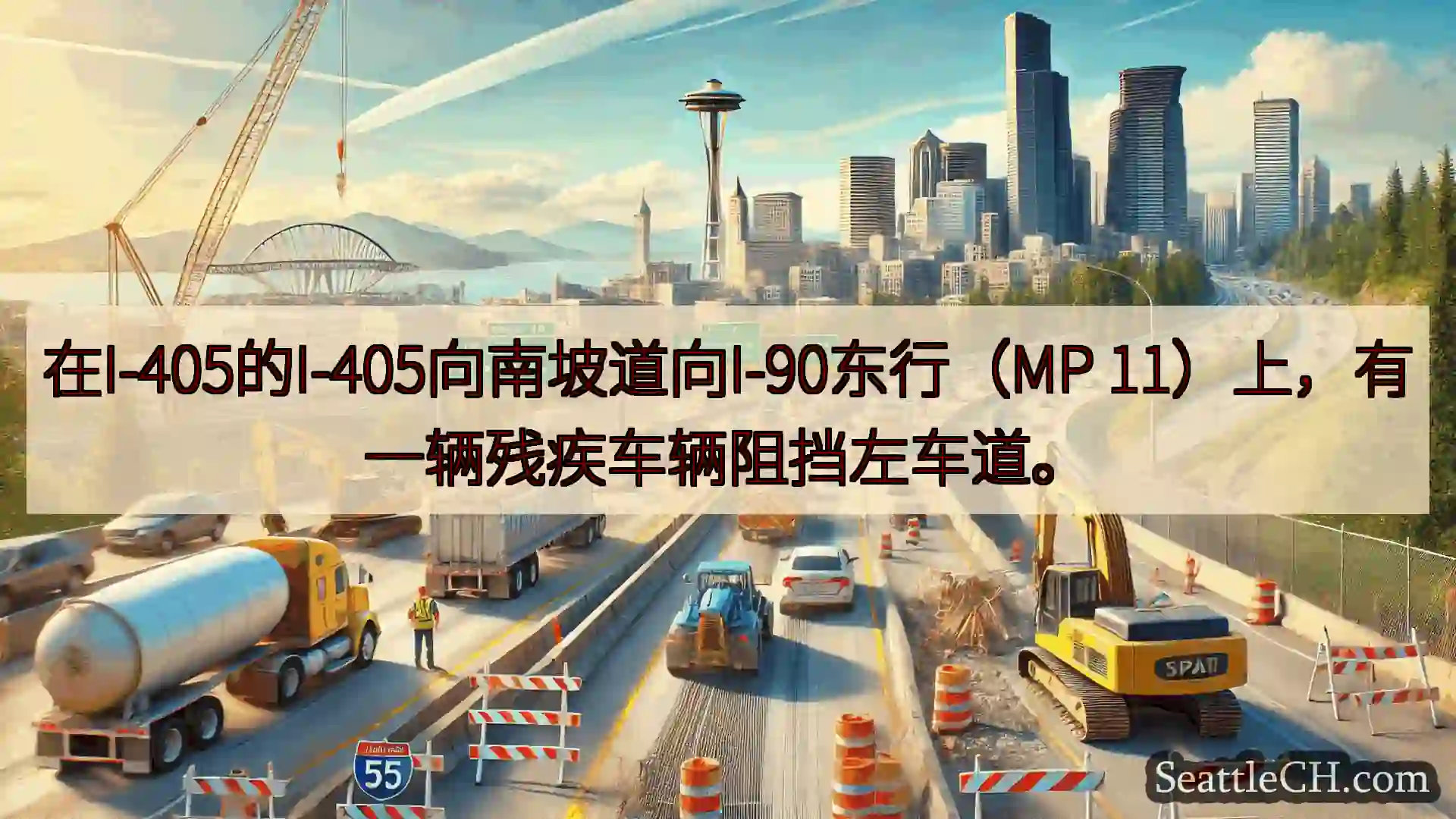在I-405的I-405向南坡道向I-90东行（MP 11）上，有一辆残疾车辆阻挡左车道。