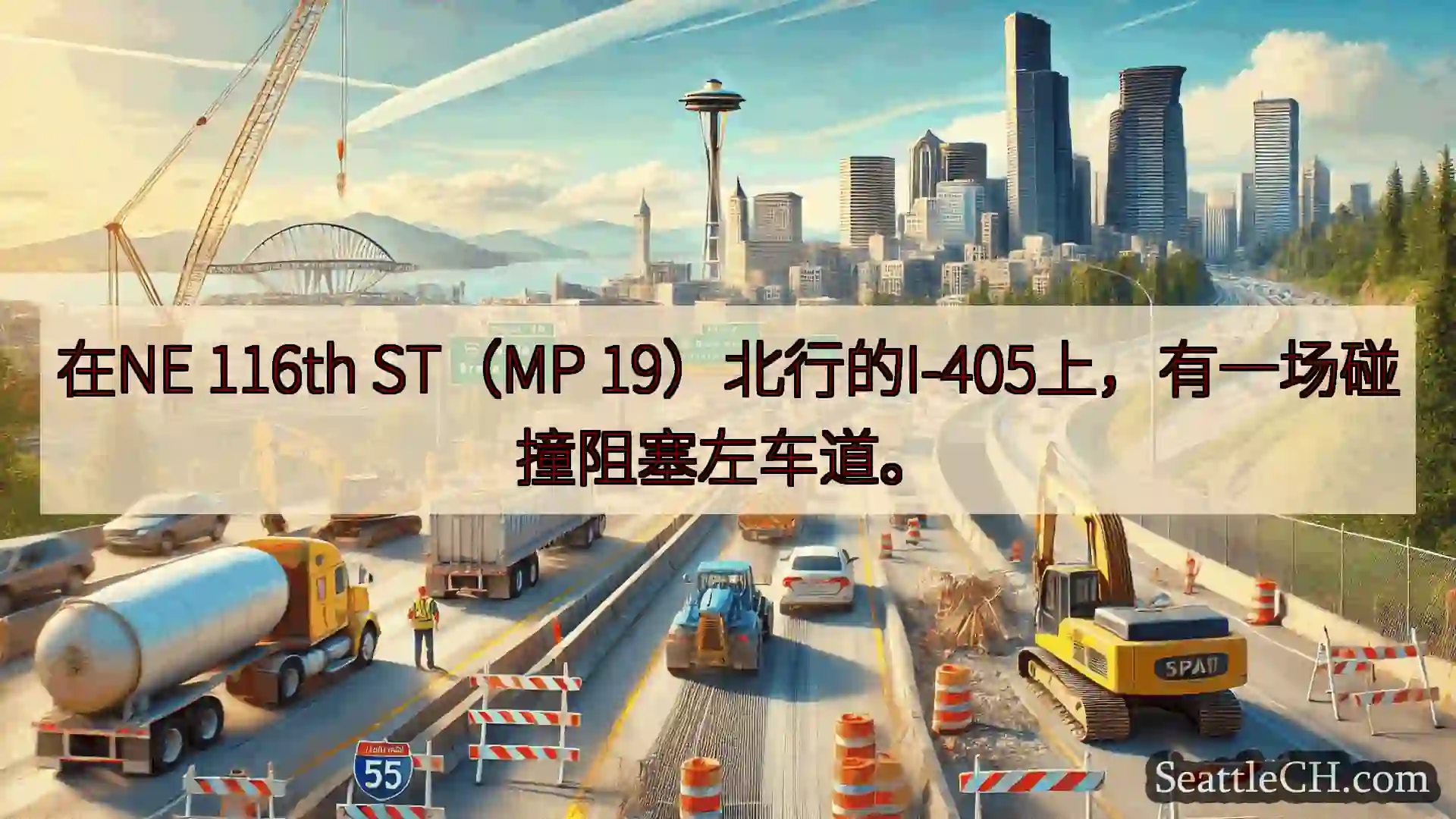 在NE 116th ST（MP 19）北行的I-405上，有一场碰撞阻塞左车道。