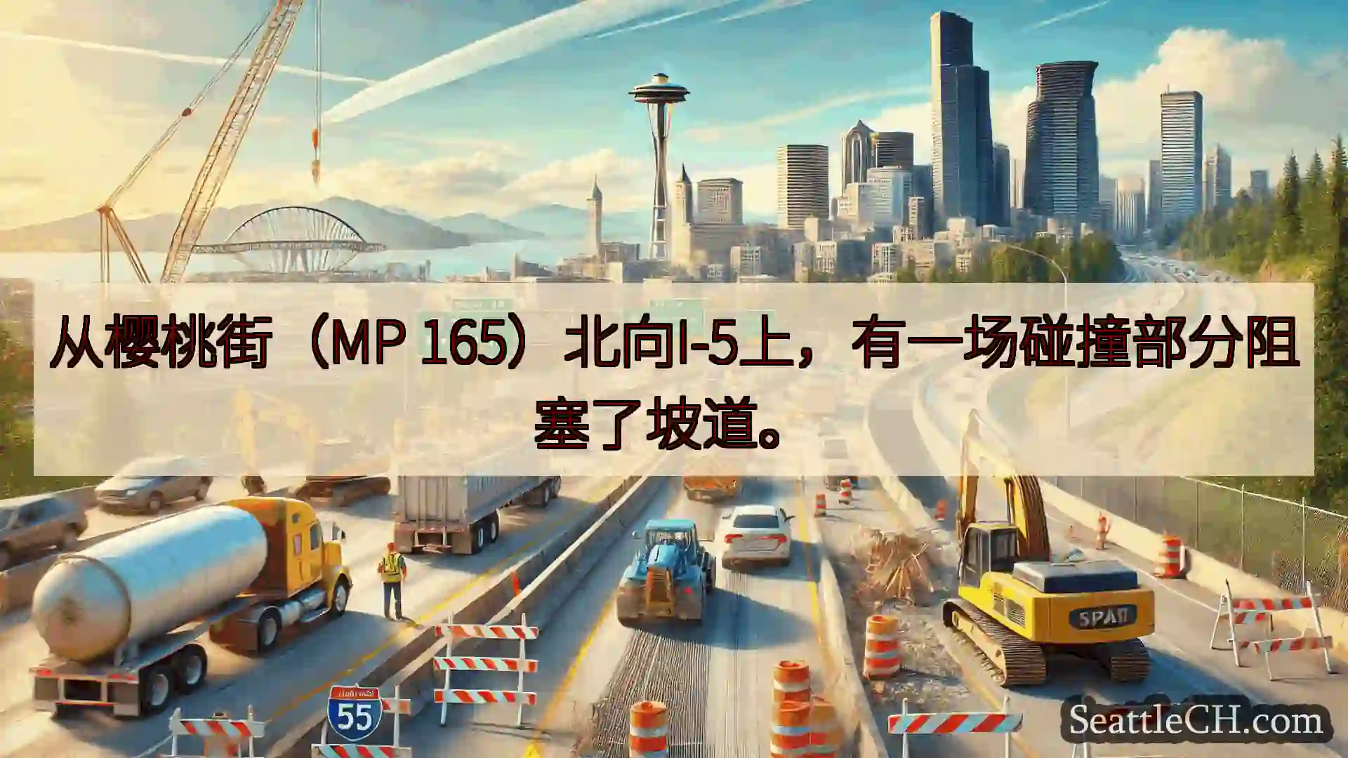 从樱桃街（MP 165）北向I-5上，有一场碰撞部分阻塞了坡道。