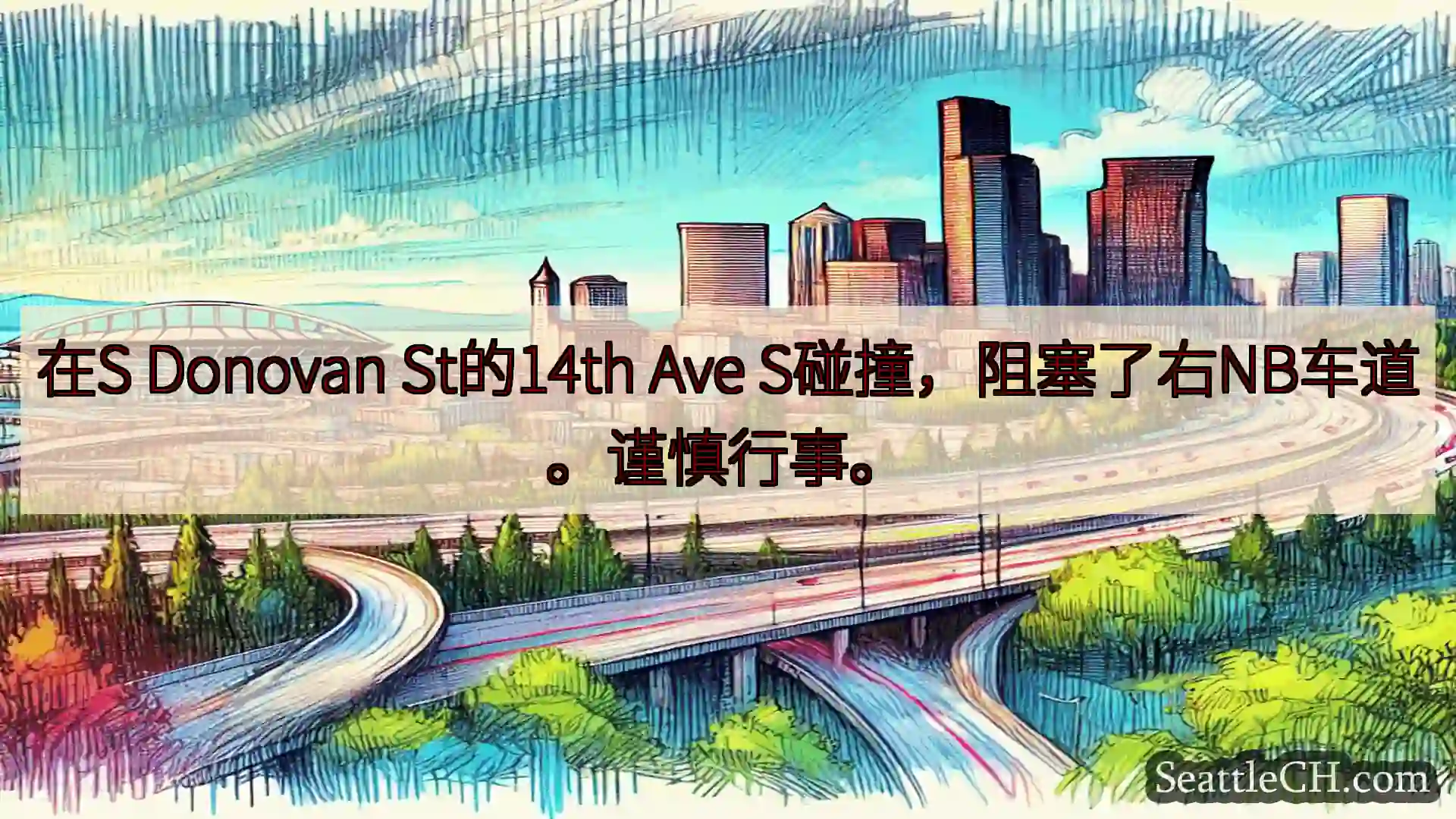 在S Donovan St的14th Ave S碰撞，阻塞了右NB车道。谨慎行事。