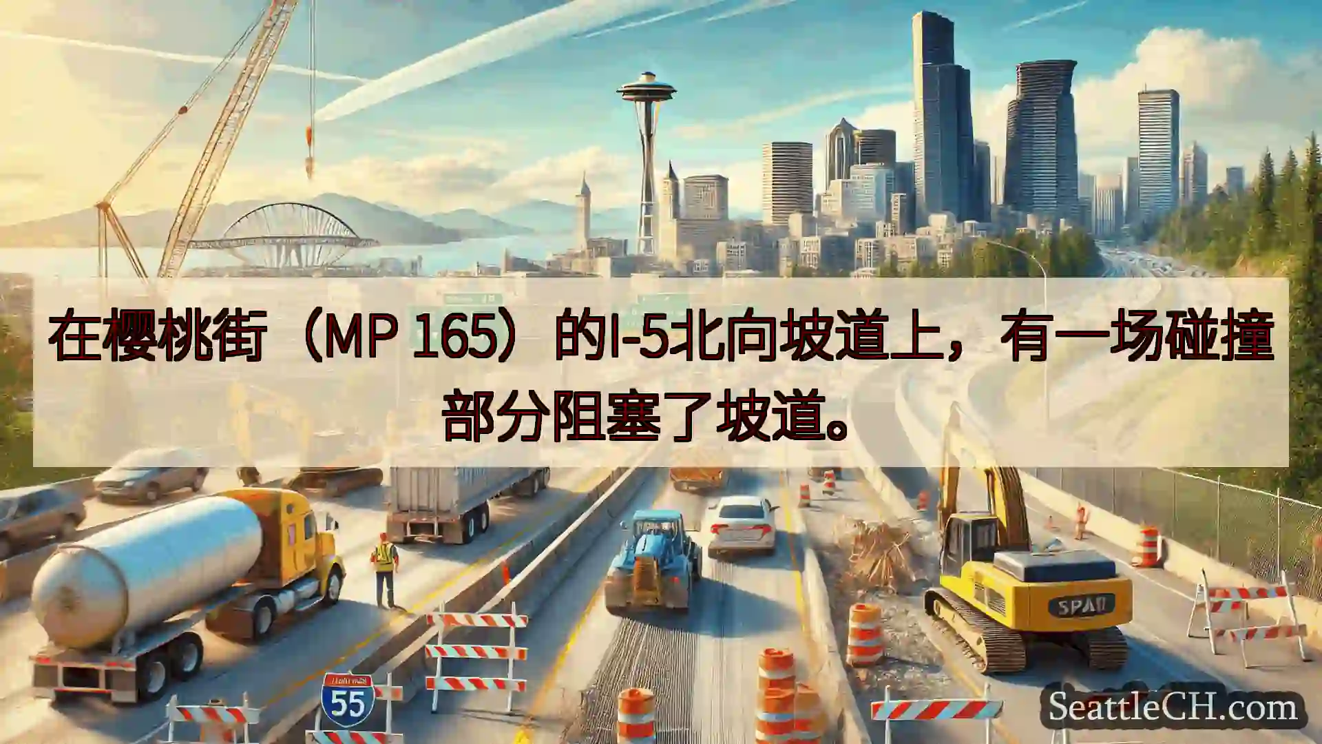在樱桃街（MP 165）的I-5北向坡道上，有一场碰撞部分阻塞了坡道。