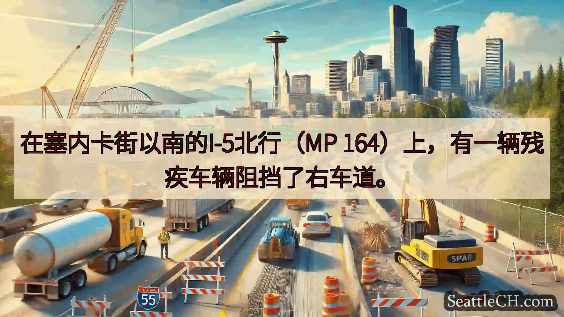 在塞内卡街以南的I-5北行（MP 164）上，有一辆残疾车辆阻挡了右车道。