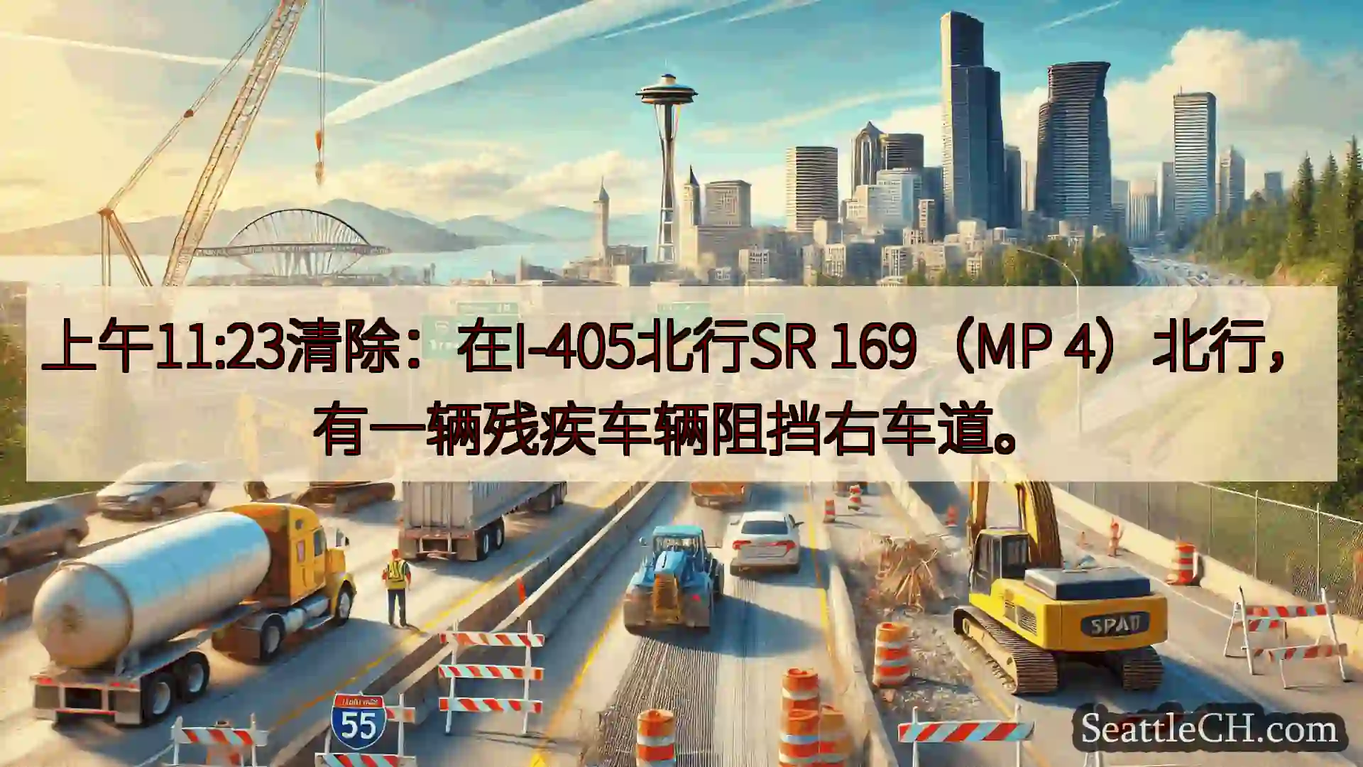 上午11:23清除：在I-405北行SR 169（MP 4）北行，有一辆残疾车辆阻挡右车道。