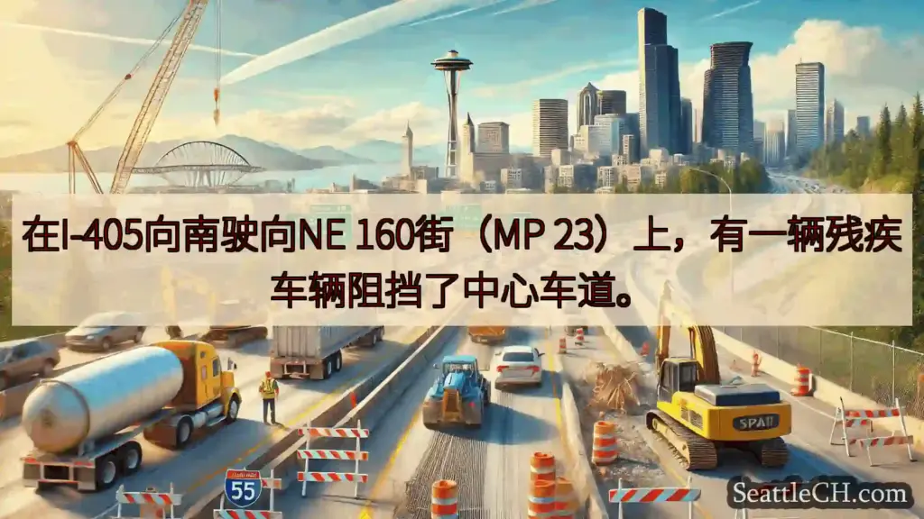 在I-405向南驶向NE 160街（MP 23）上，有一辆残疾车辆阻挡了中心车道。