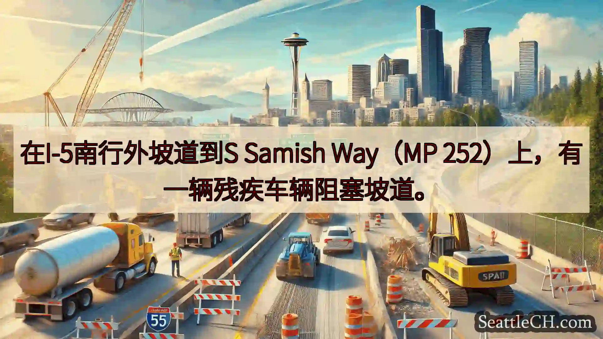 在I-5南行外坡道到S Samish Way（MP 252）上，有一辆残疾车辆阻塞坡道。