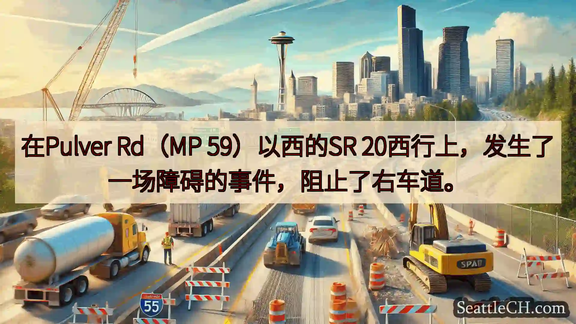 在Pulver Rd（MP 59）以西的SR 20西行上，发生了一场障碍的事件，阻止了右车道。