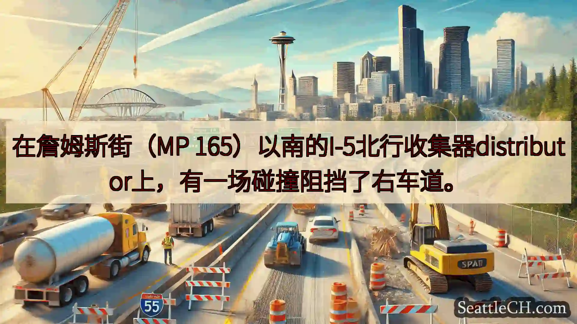 在詹姆斯街（MP 165）以南的I-5北行收集器distributor上，有一场碰撞阻挡了右车道。