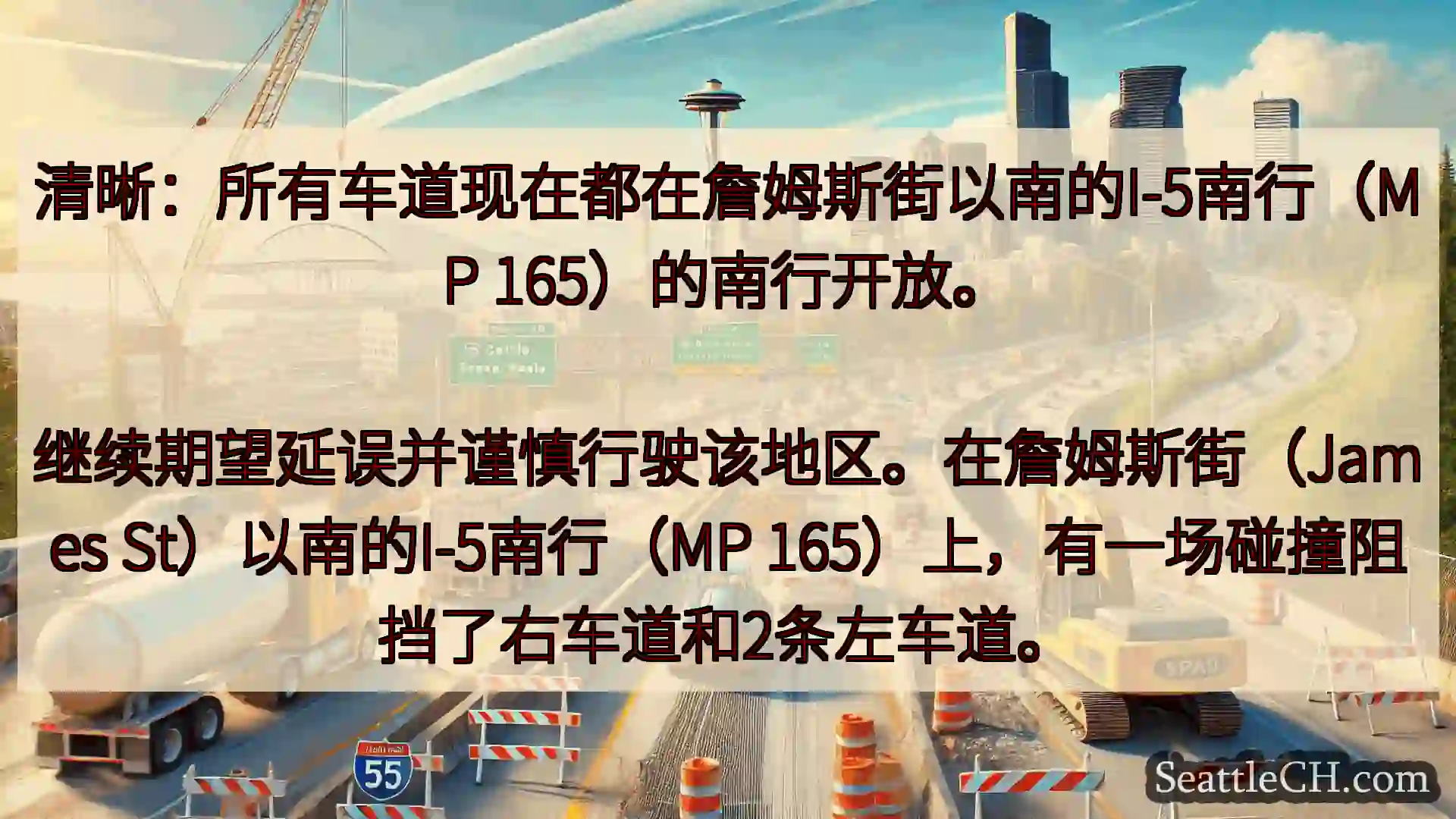 清晰：所有车道现在都在詹姆斯街以南的I-5南行（MP 165）的南行开放。