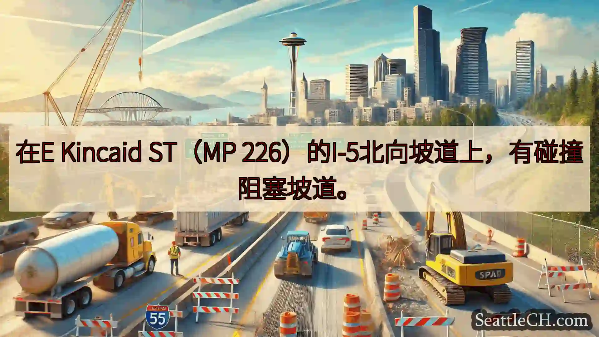 在E Kincaid ST（MP 226）的I-5北向坡道上，有碰撞阻塞坡道。
