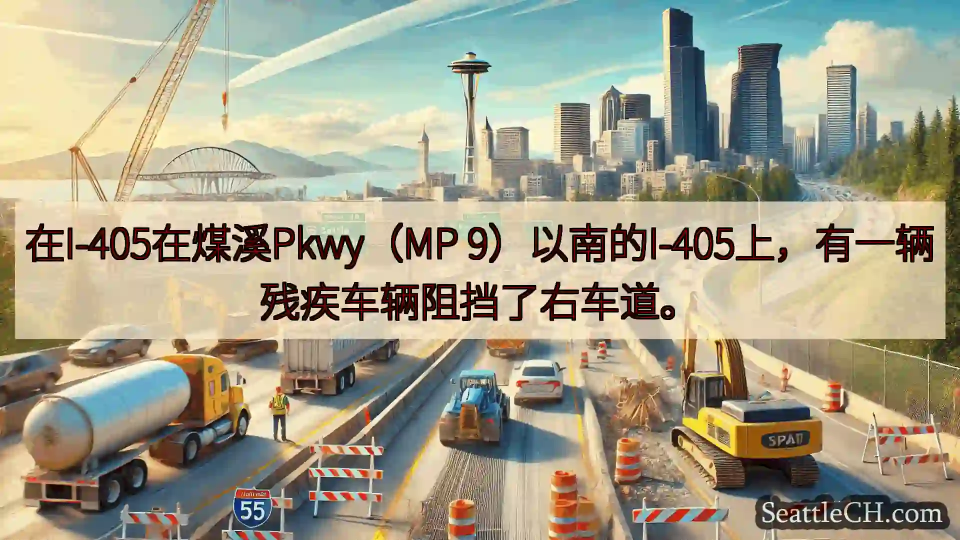 在I-405在煤溪Pkwy（MP 9）以南的I-405上，有一辆残疾车辆阻挡了右车道。