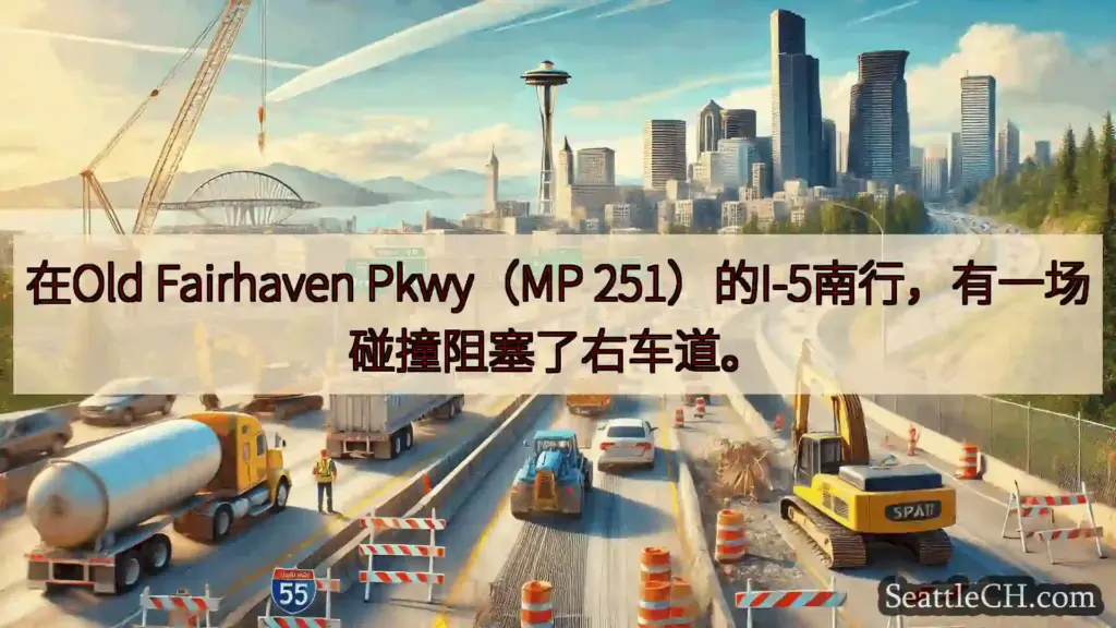 在Old Fairhaven Pkwy（MP 251）的I-5南行，有一场碰撞阻塞了右车道。