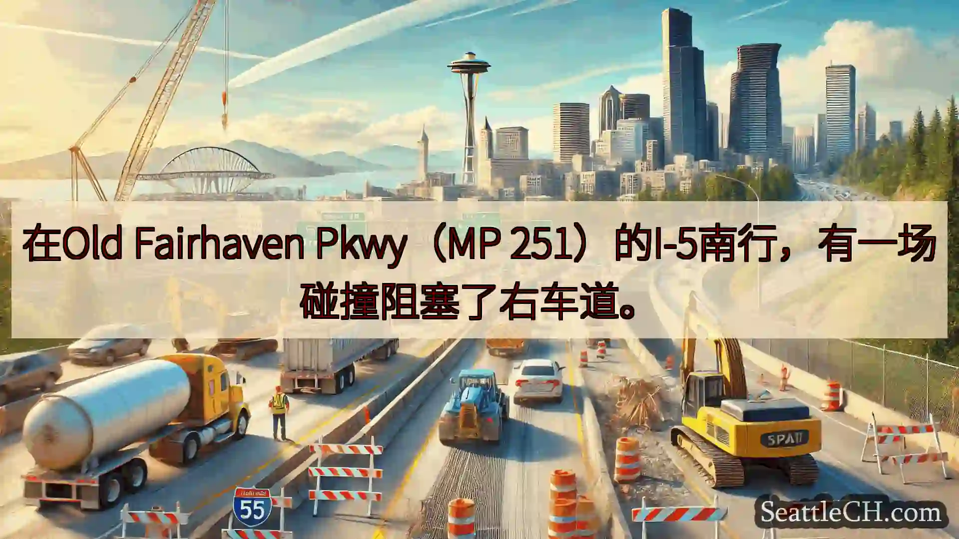 在Old Fairhaven Pkwy（MP 251）的I-5南行，有一场碰撞阻塞了右车道。