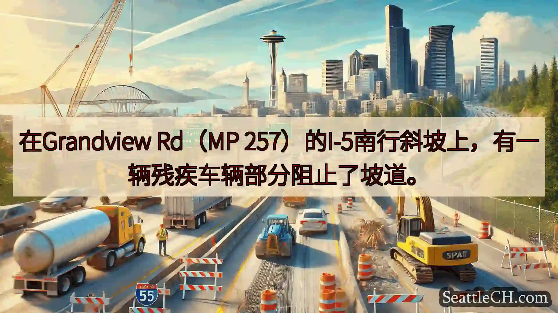 在Grandview Rd（MP 257）的I-5南行斜坡上，有一辆残疾车辆部分阻止了坡道。